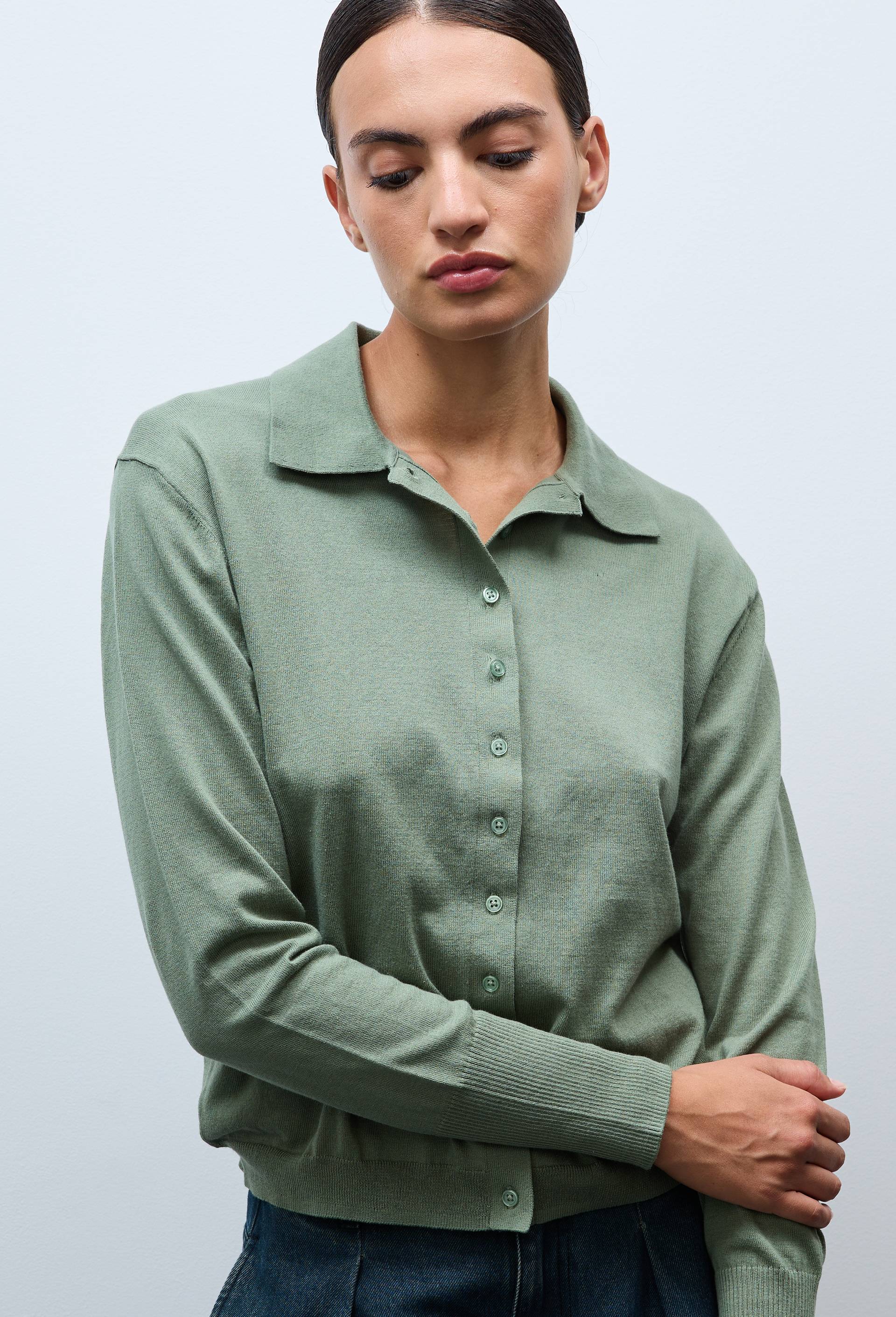 Cardigan &agrave; manches longues col polo, Vert, swatch image