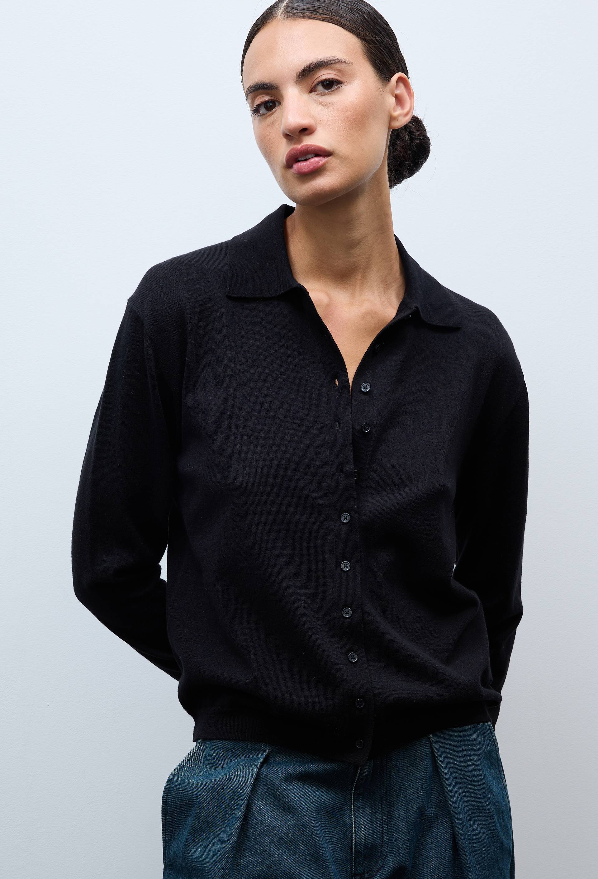 Cardigan &agrave; manches longues col polo, Noir, swatch image