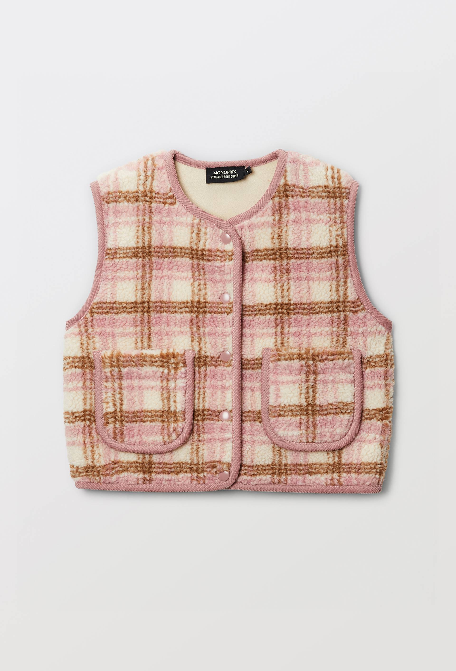 Gilet sherpa sans manches &agrave; carreaux, Rose, large image number 2