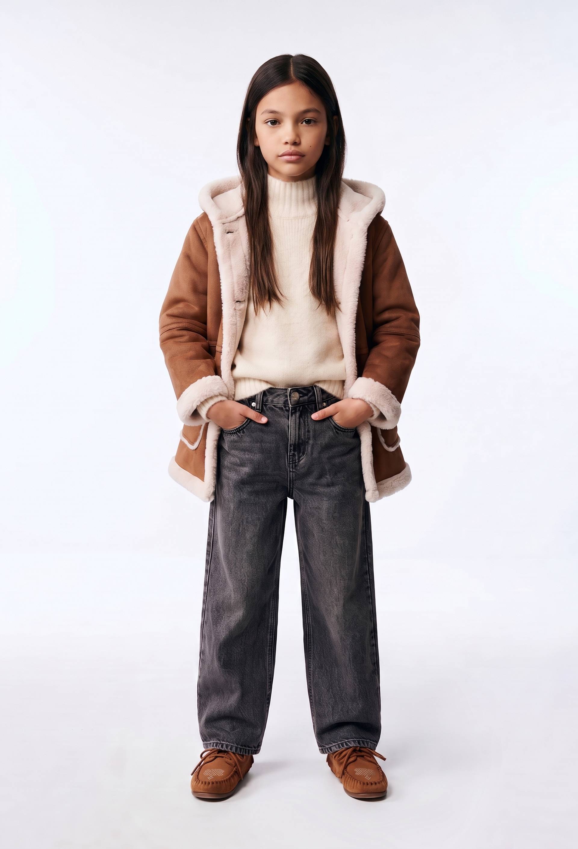 Manteau effet peau lain&eacute;e &agrave; capuche, Beige, large image number 0.0