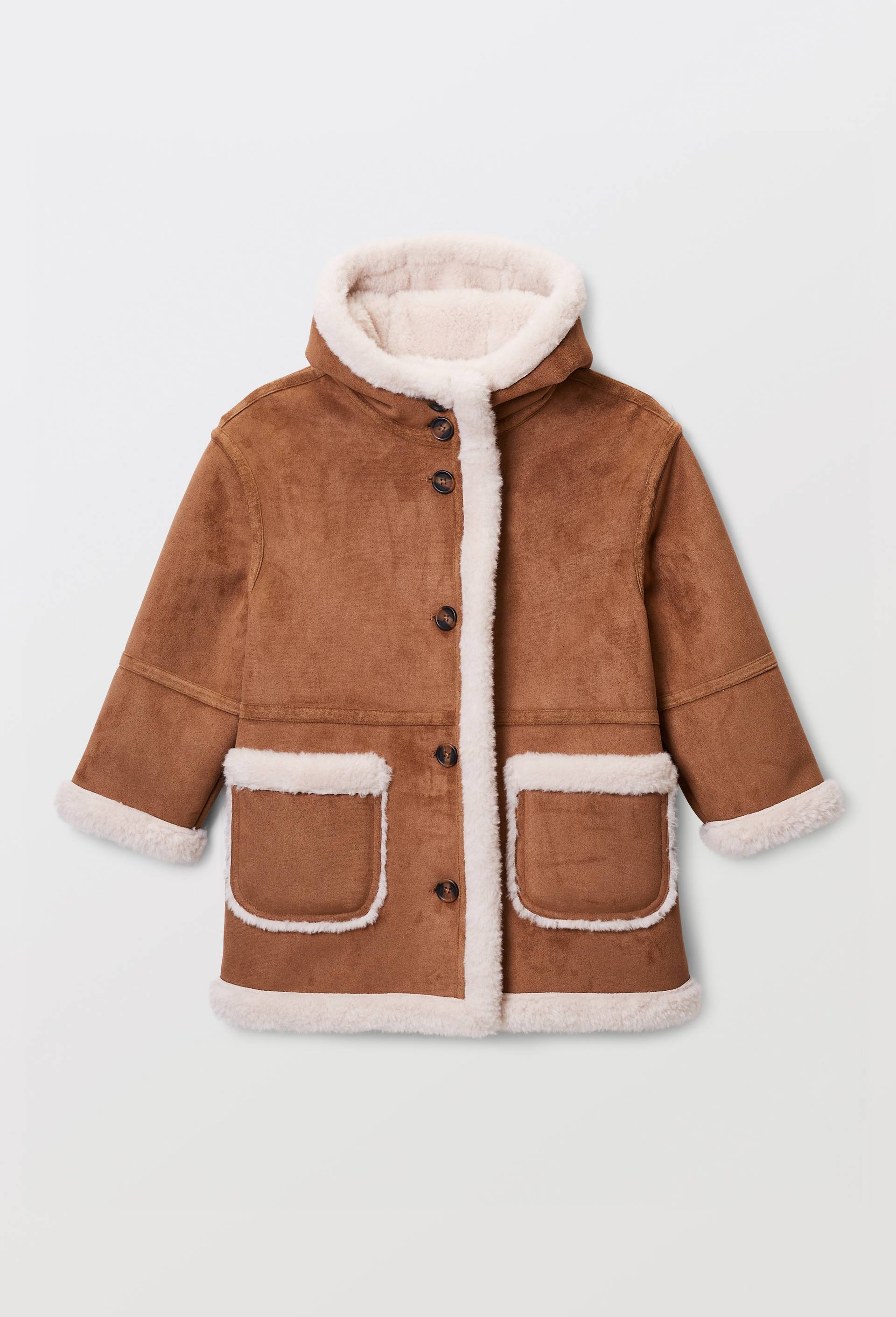 Manteau effet peau lain&eacute;e &agrave; capuche, Beige, large image number 1