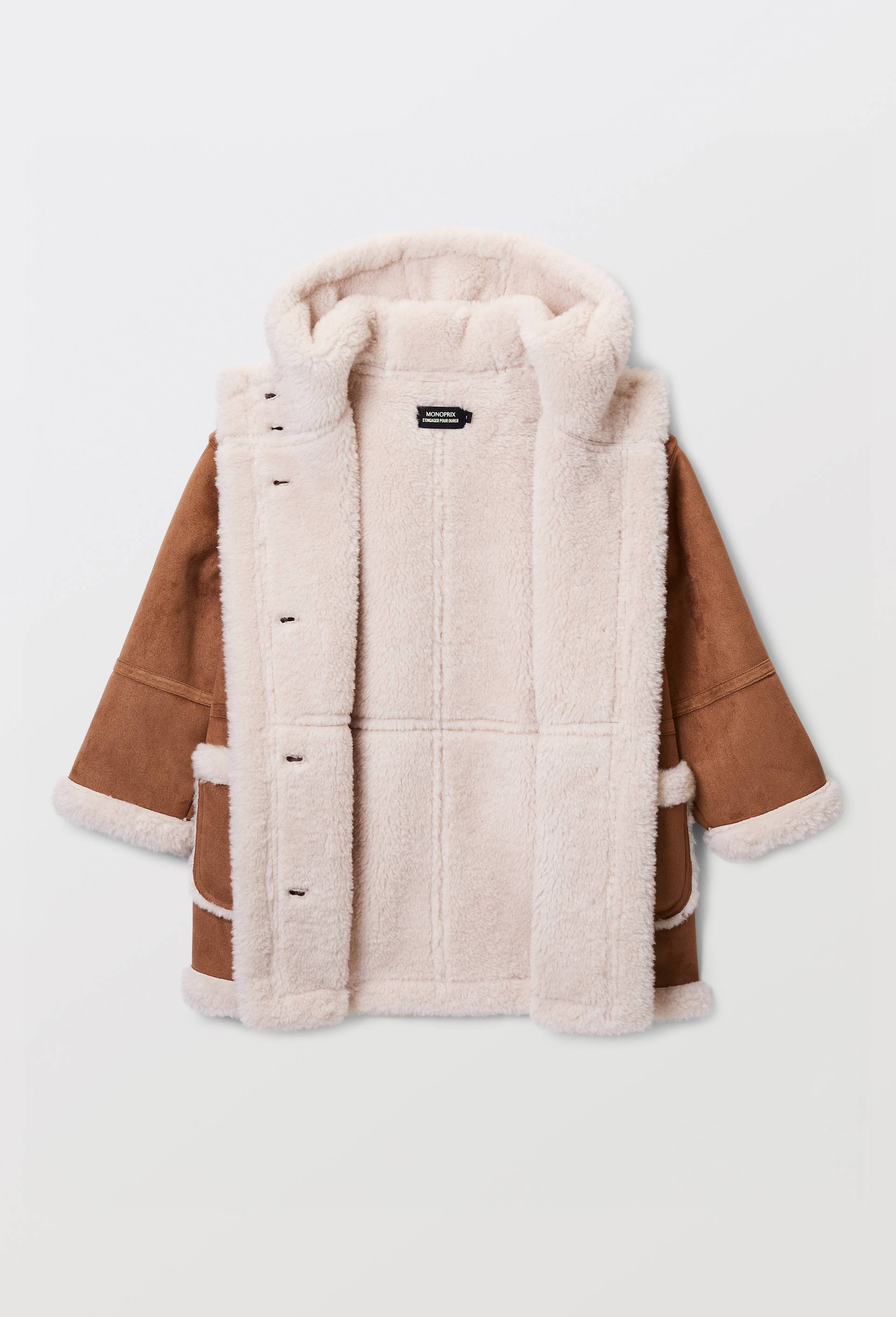 Manteau effet peau lain&eacute;e &agrave; capuche, Beige, large image number 3.0