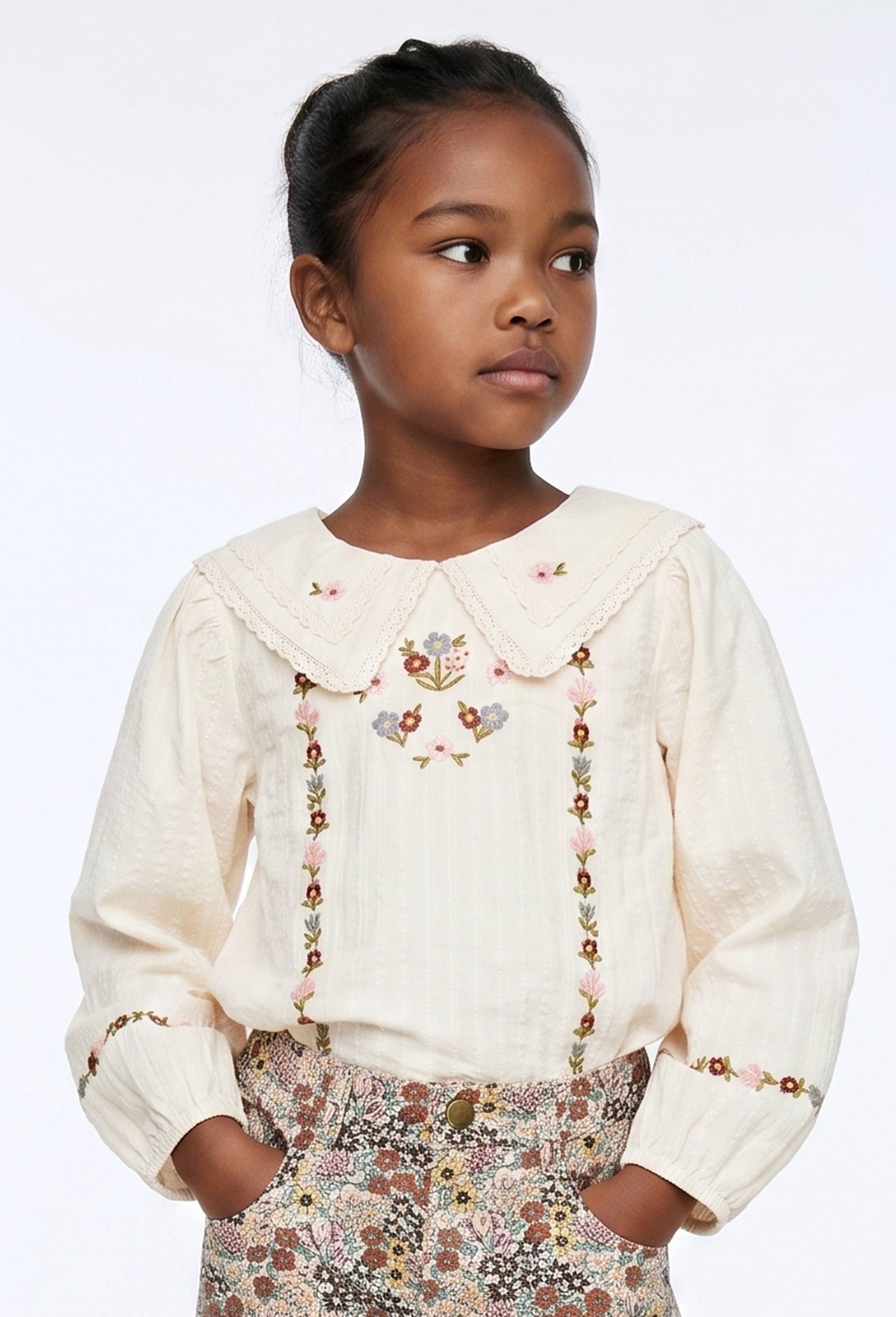 Blouse avec double col et broderie en coton, Beige clair, large image number 1