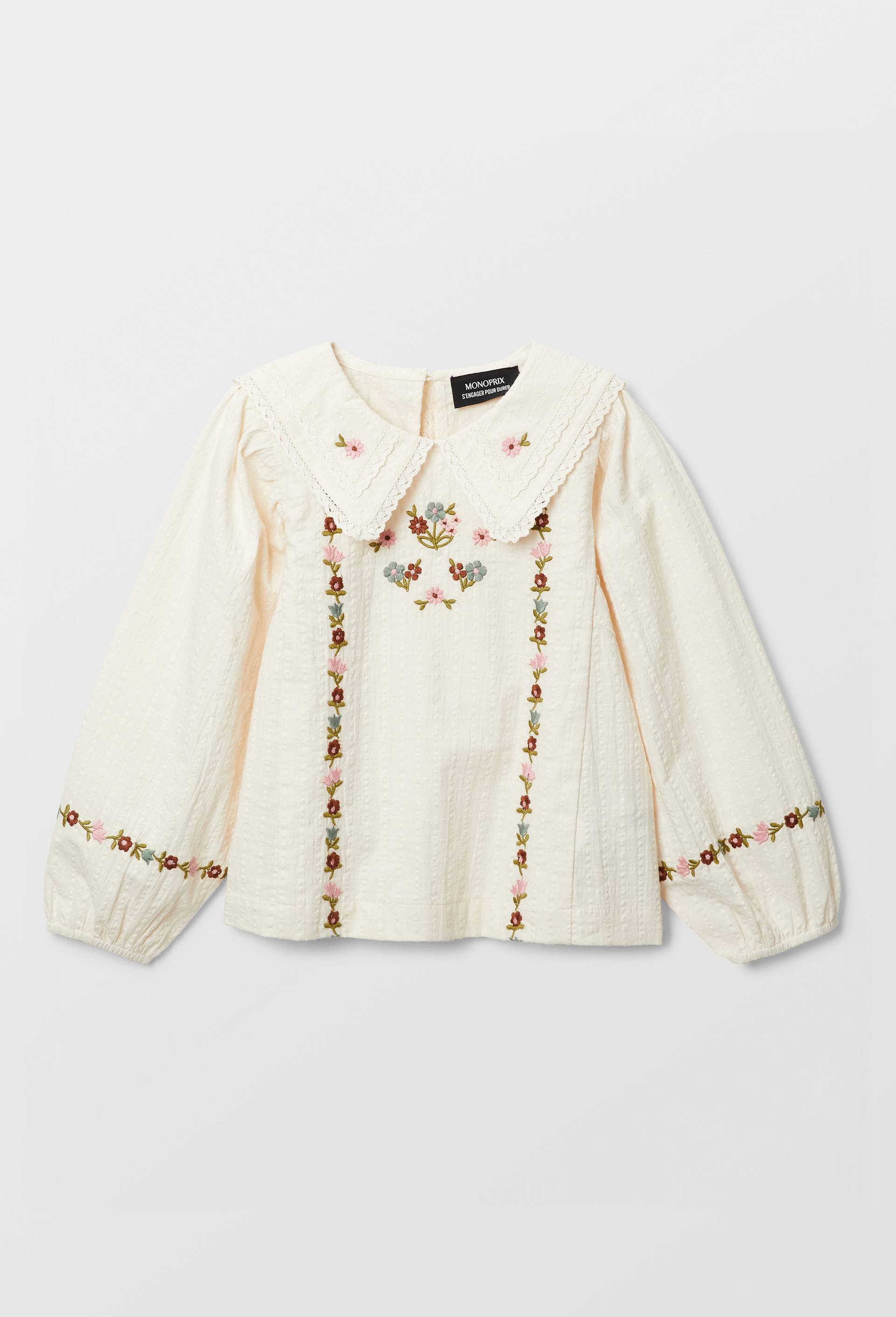 Blouse avec double col et broderie en coton, Beige clair, large image number 2