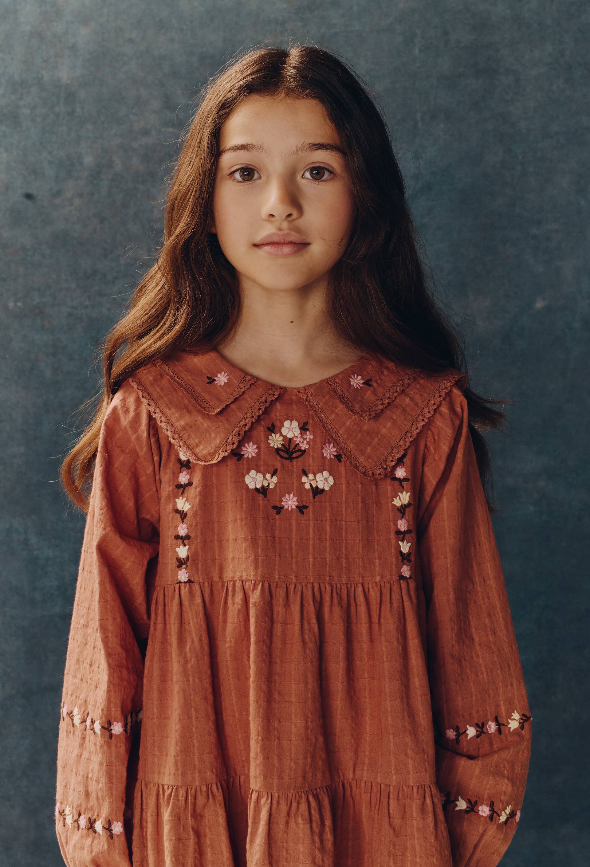 Robe avec double col et broderies en coton, Brun, large image number 1