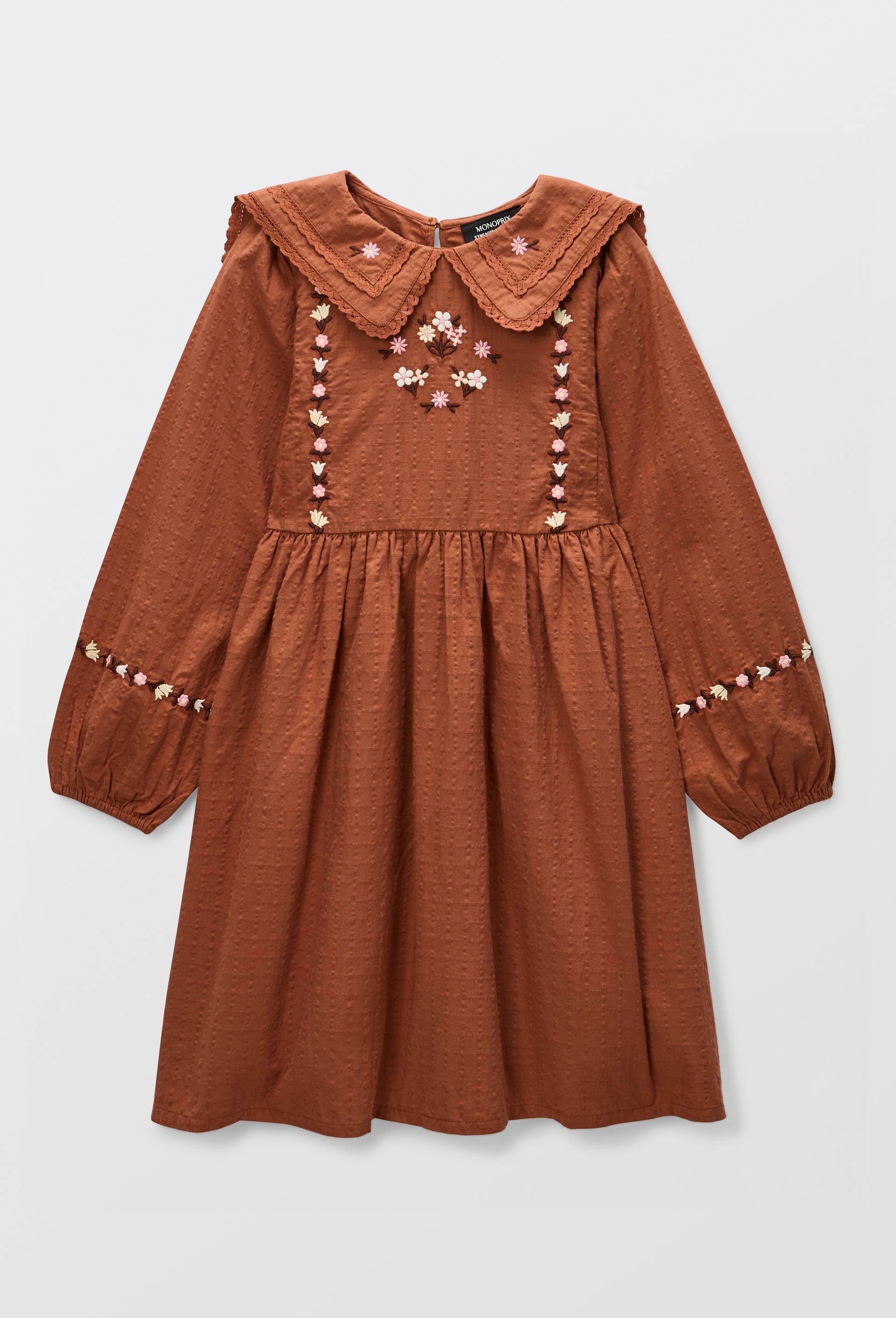 Robe avec double col et broderies en coton, Brun, large image number 3