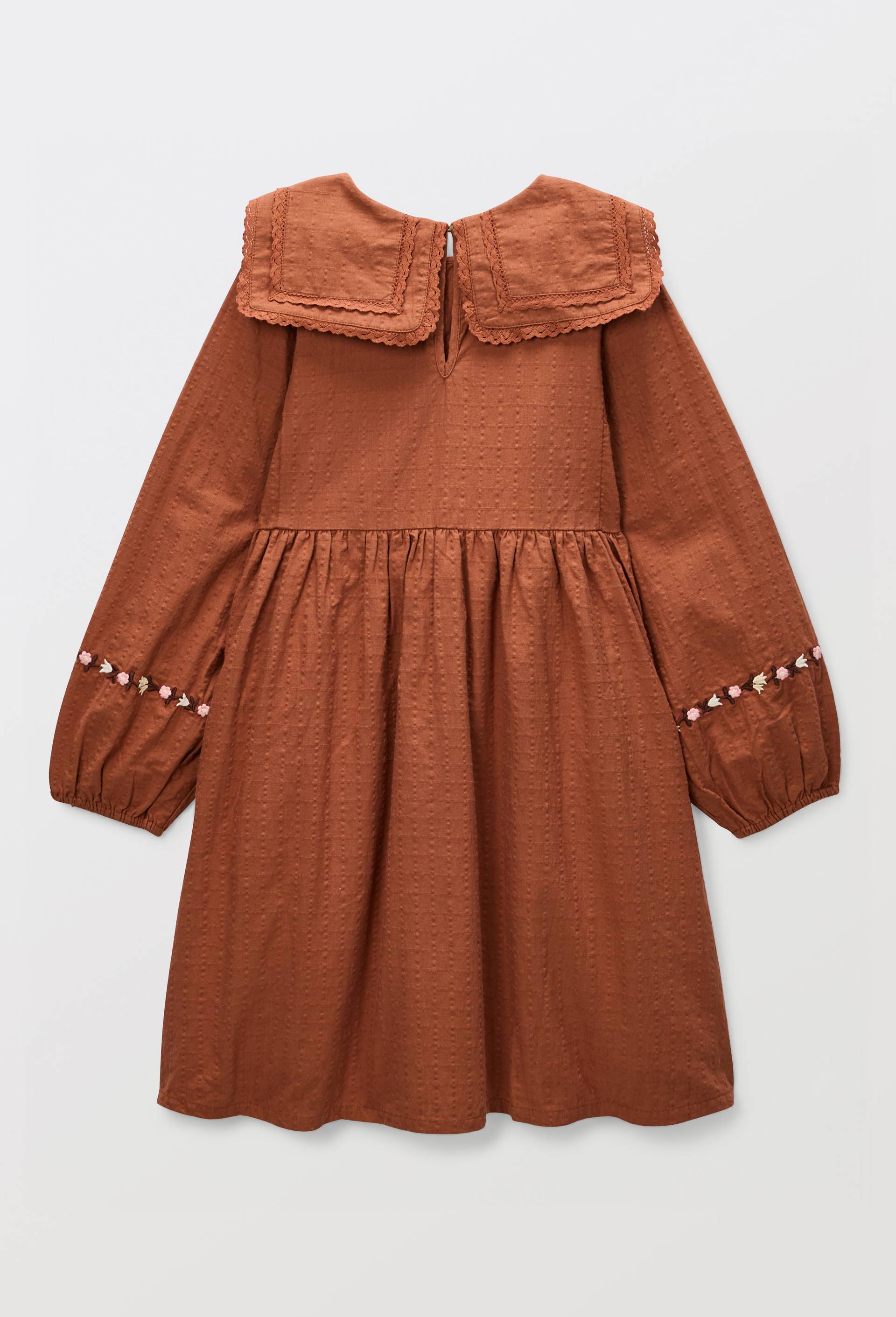 Robe avec double col et broderies en coton, Brun, large image number 4