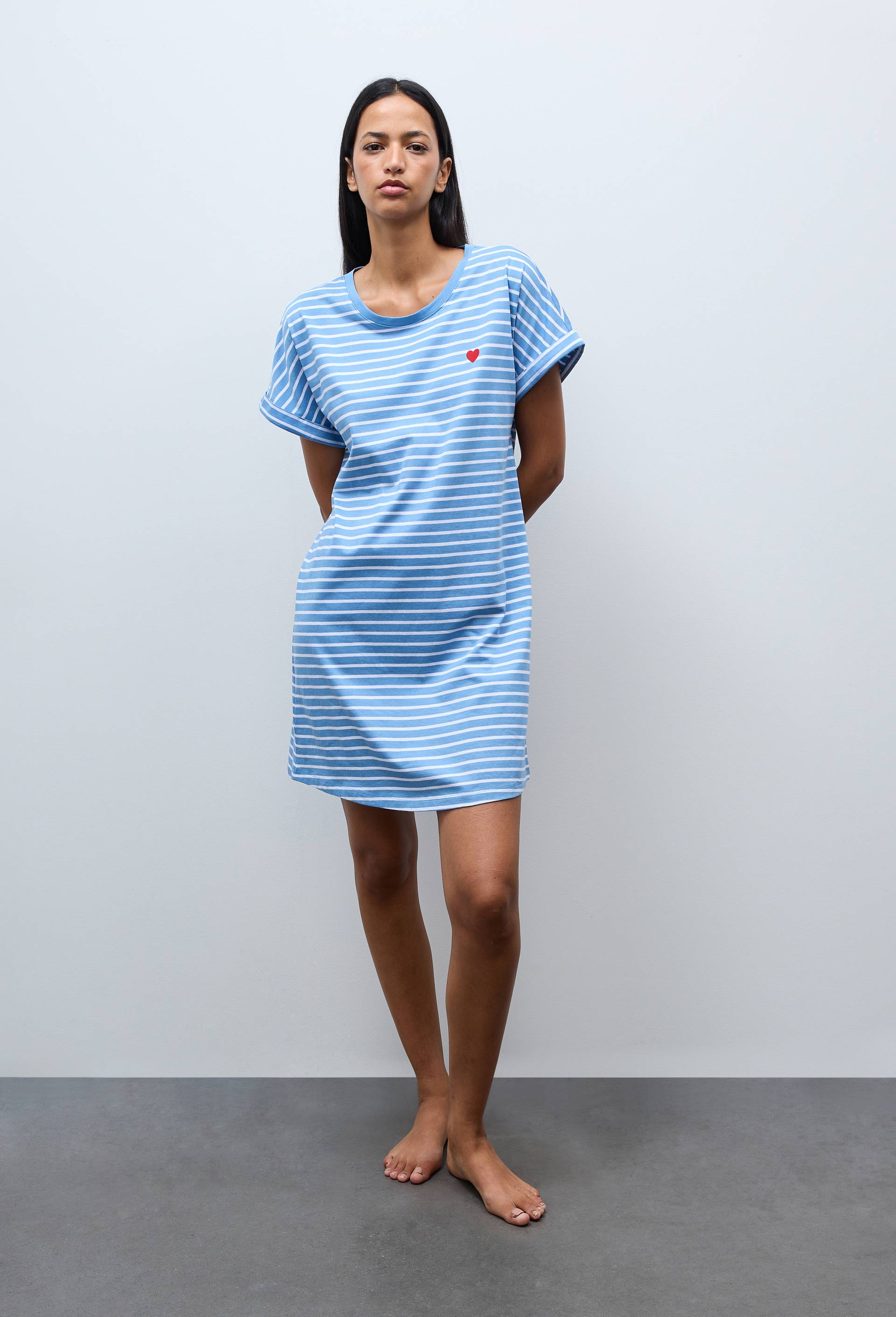 Chemise de nuit manches courtes ray&eacute;e en coton BIO GOTS, Bleu, swatch image