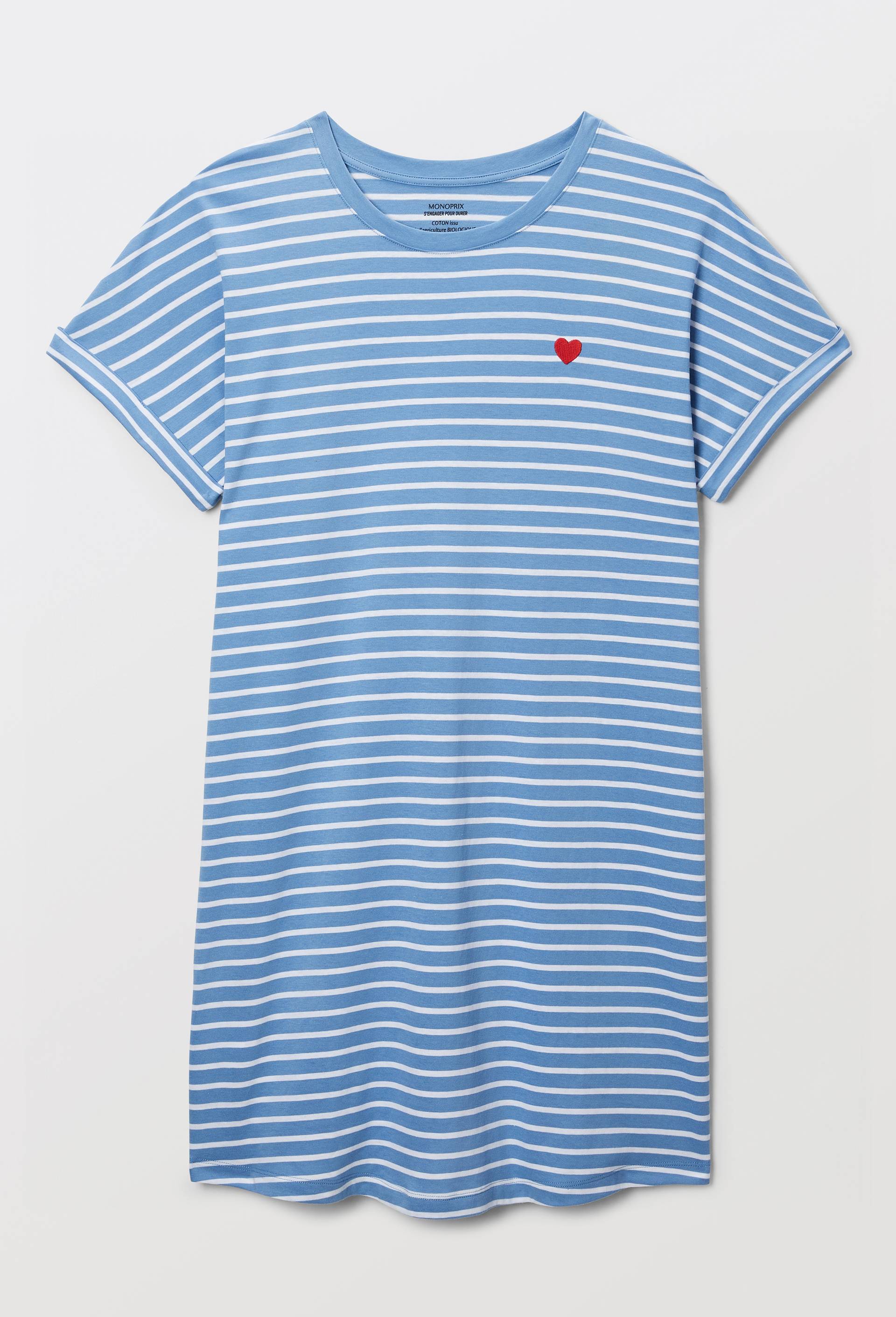 Chemise de nuit manches courtes ray&eacute;e en coton BIO GOTS, Bleu, large image number 2.0