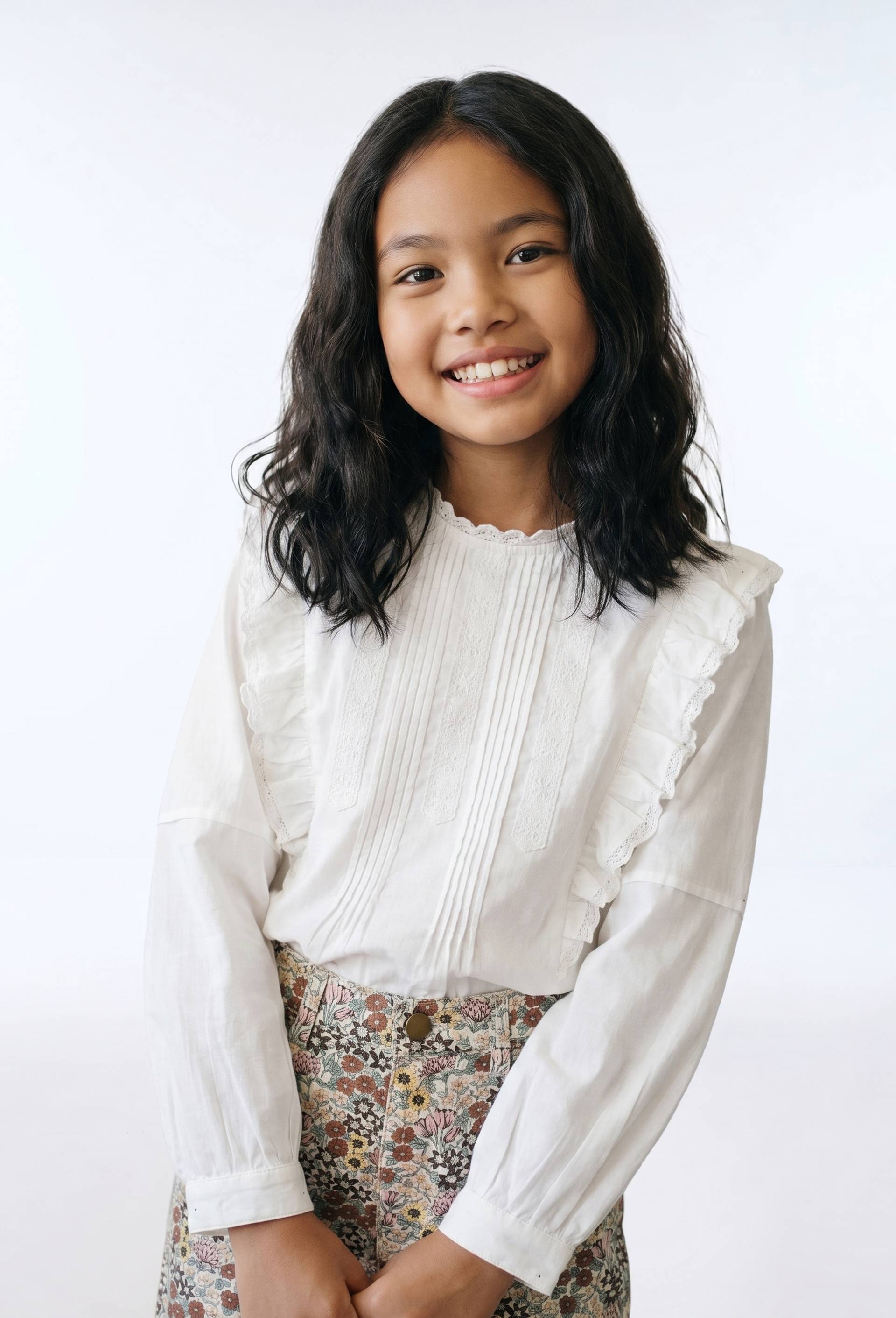 Blouse unie d&eacute;tail dentelle en coton, Ecru, large image number 0