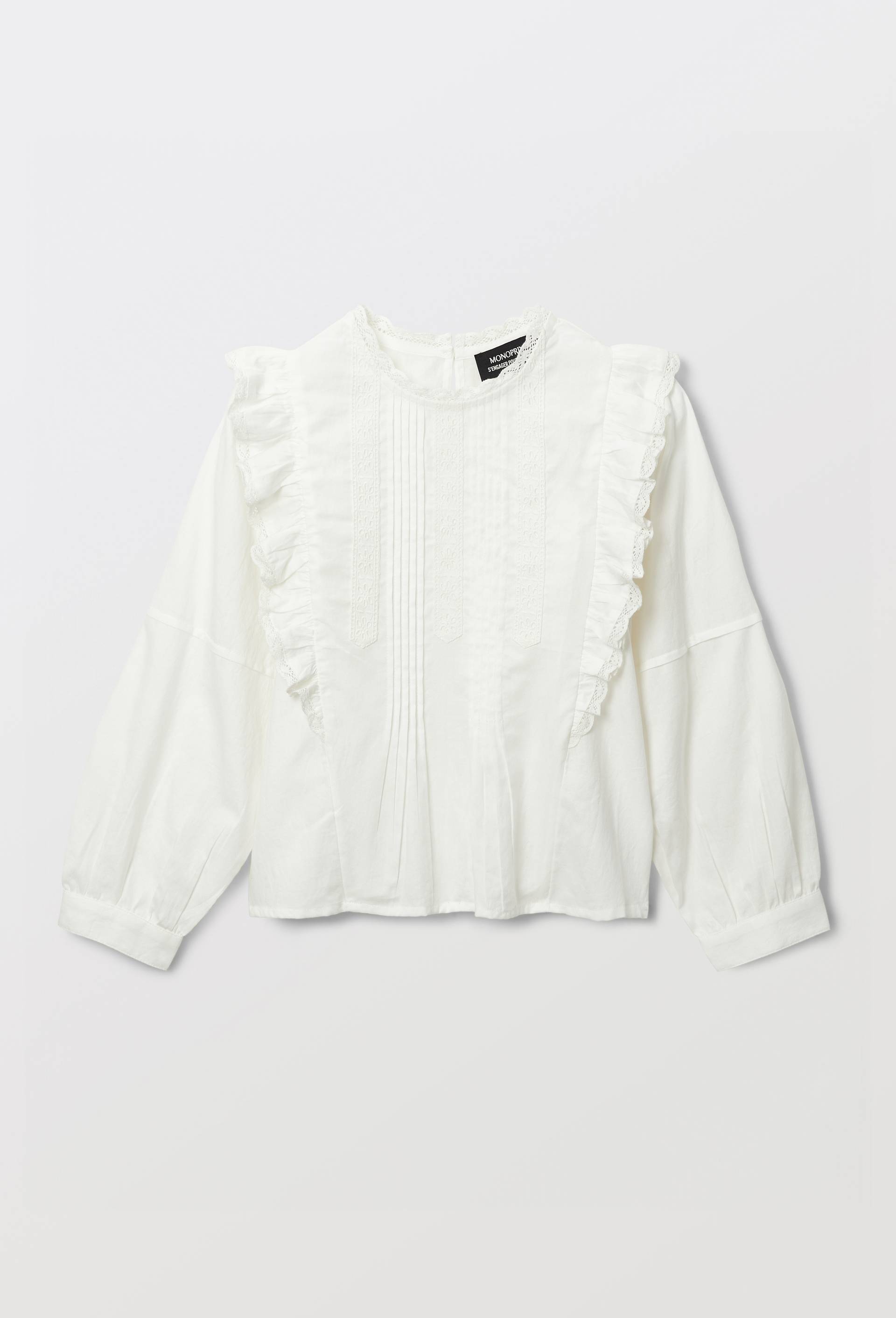 Blouse unie d&eacute;tail dentelle en coton, Ecru, large image number 1