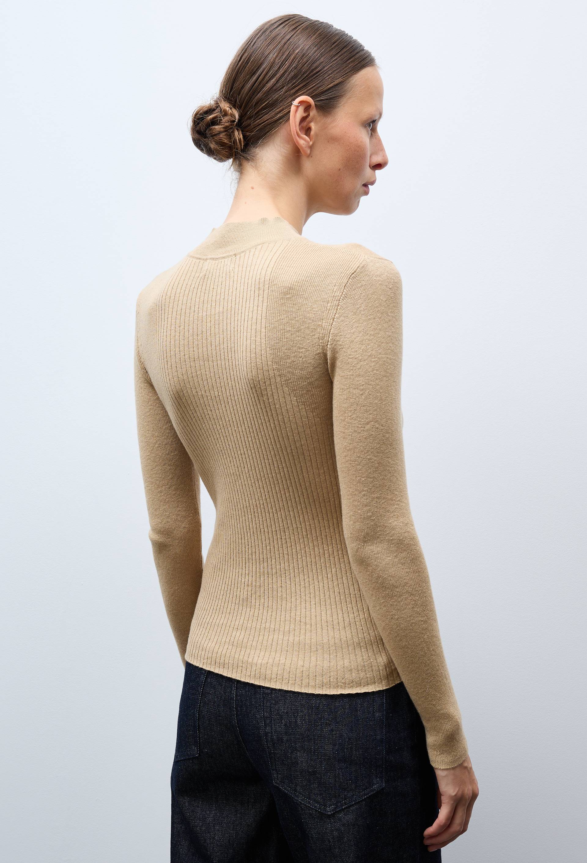 Pull manches longues &agrave; c&ocirc;tes uni en coton et cachemire m&eacute;lang&eacute;s, Beige, large image number 1.0