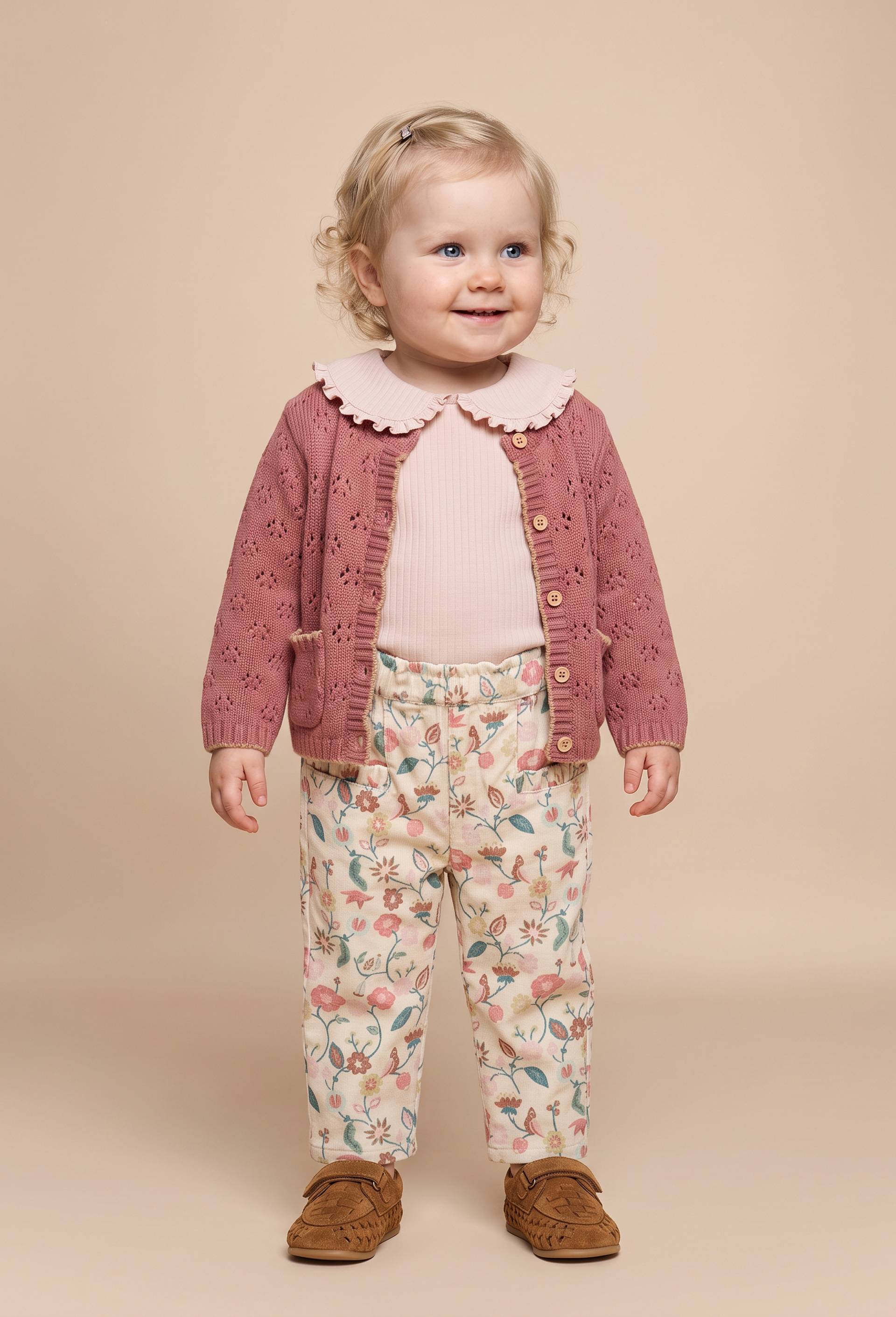 Pantalon taille &eacute;lastique en velours imprim&eacute; doubl&eacute; en coton BIO GOTS, Beige clair, large image number 0.0