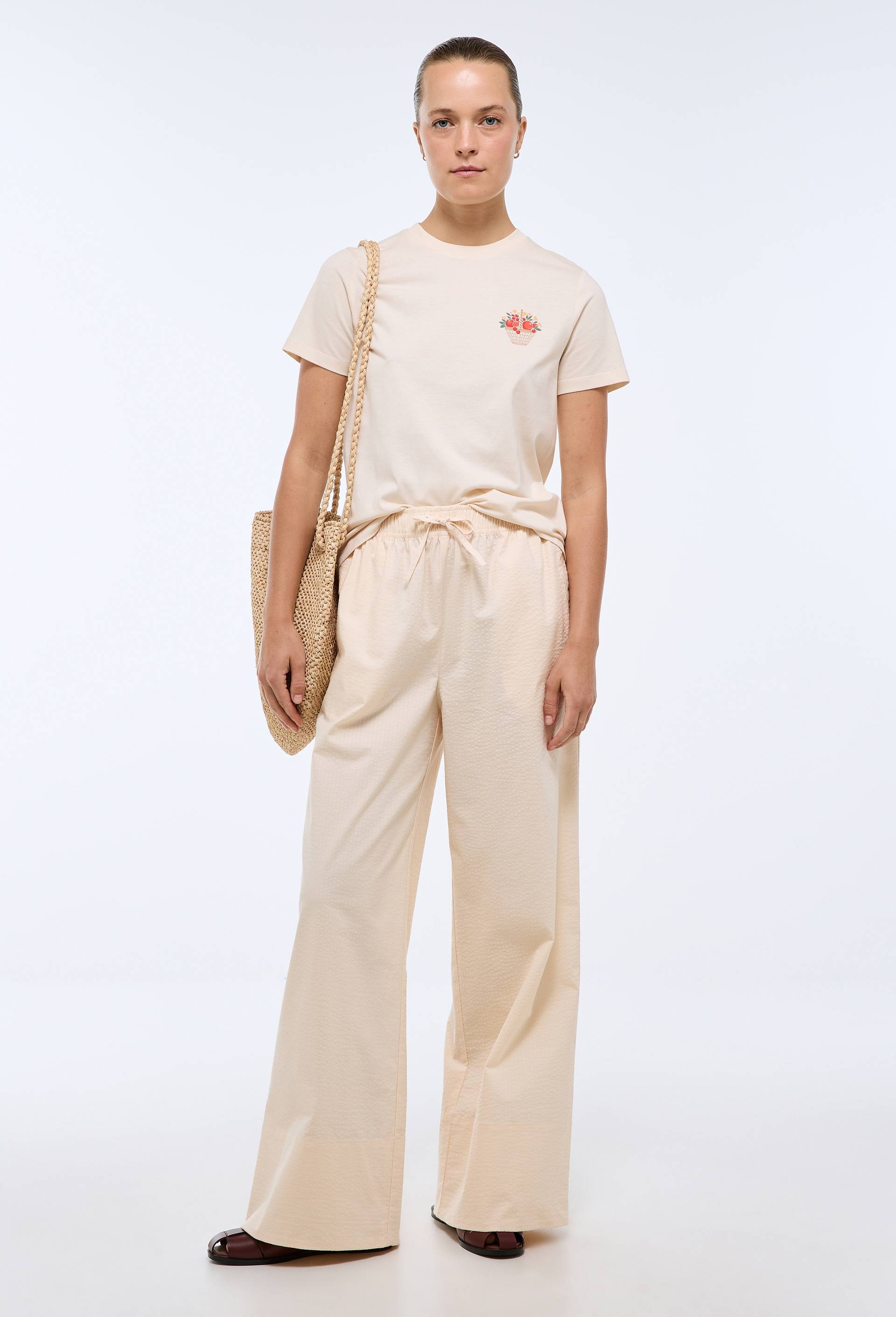 Pantalon large &agrave; taille &eacute;lastiqu&eacute;e en coton gauffr&eacute;, Beige clair, large image number 0.0