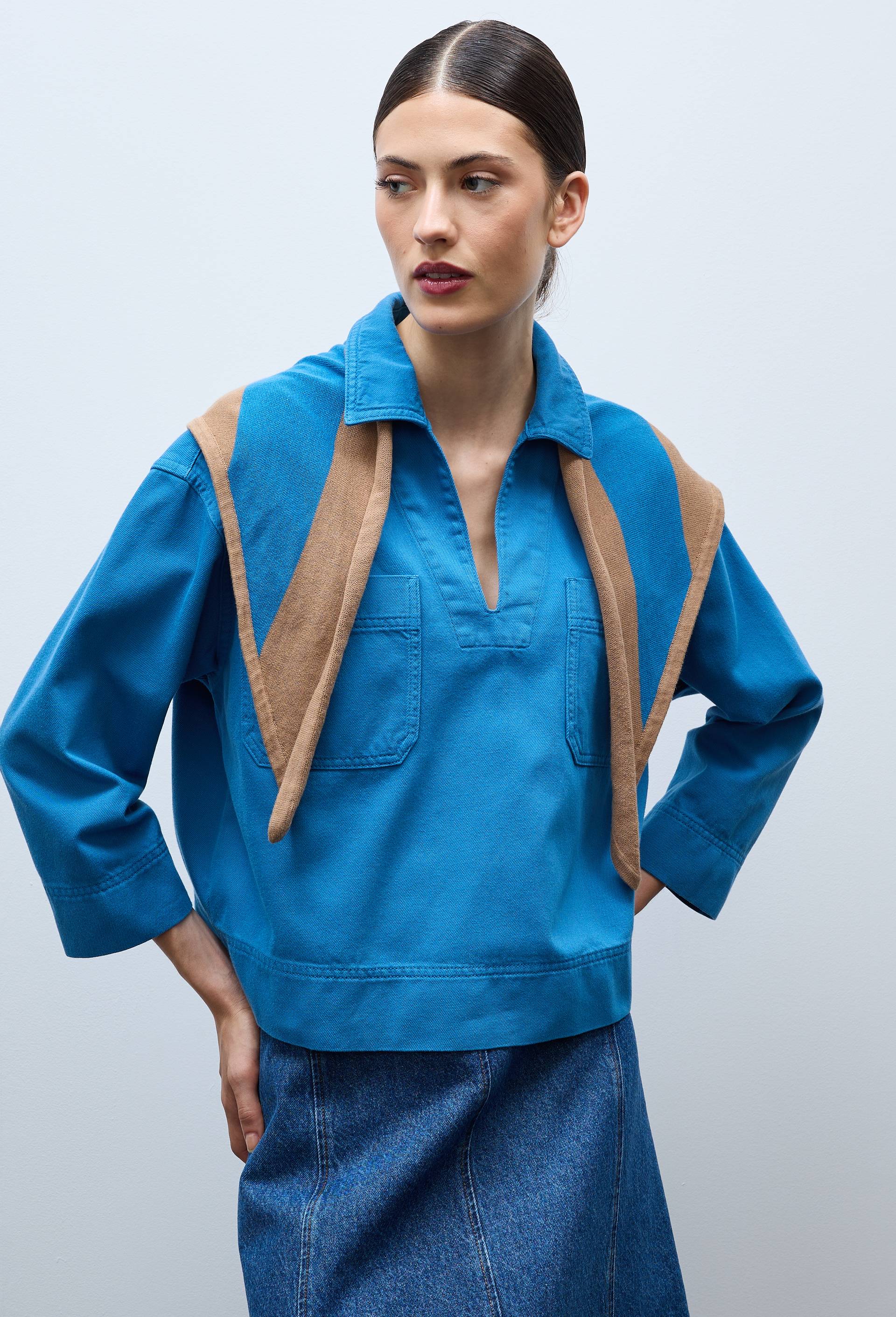 Chemise manches trois quarts en coton, Bleu, large image number 0