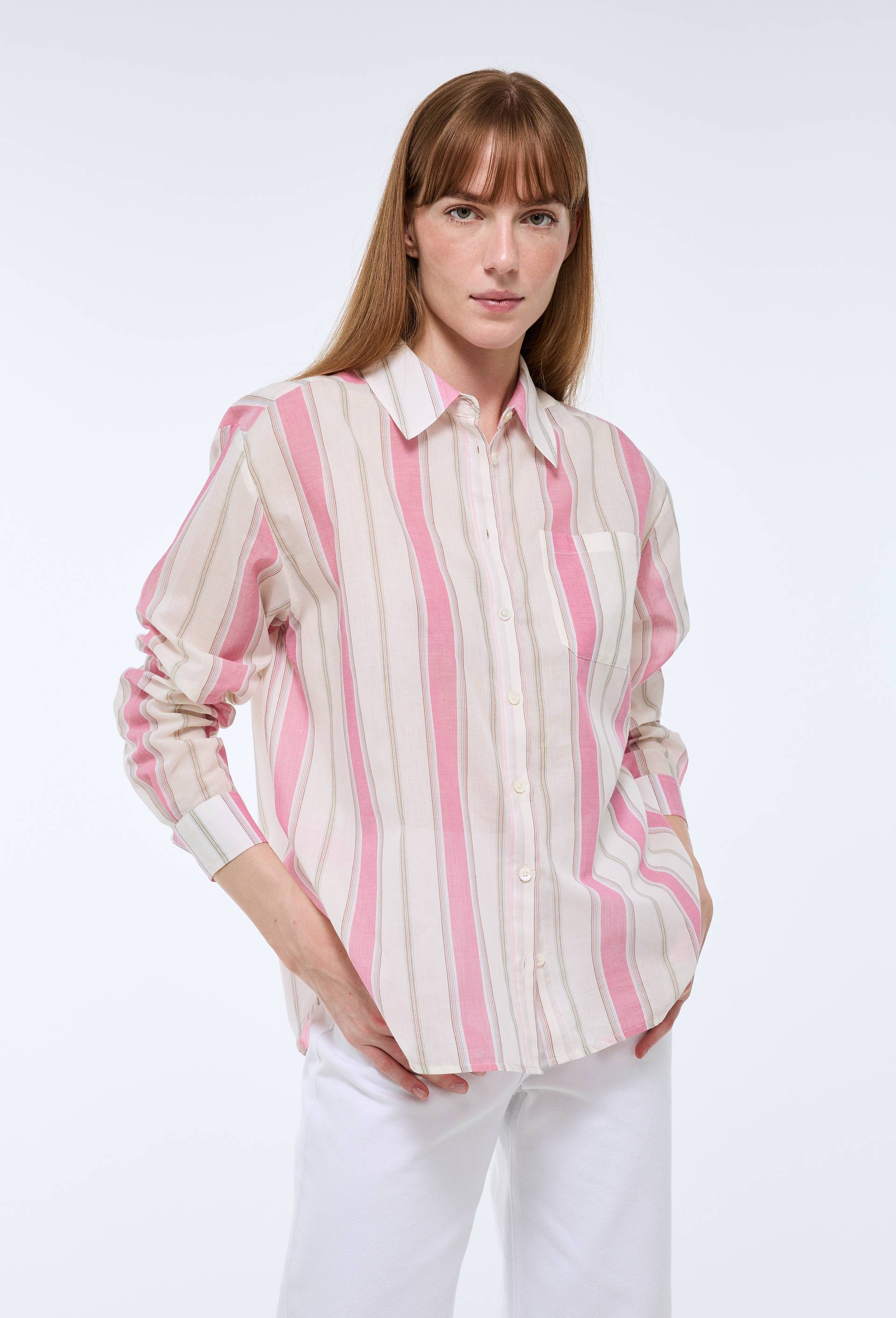 Chemise manches longues ray&eacute;e en coton BIO GOTS, Rose, large image number 1