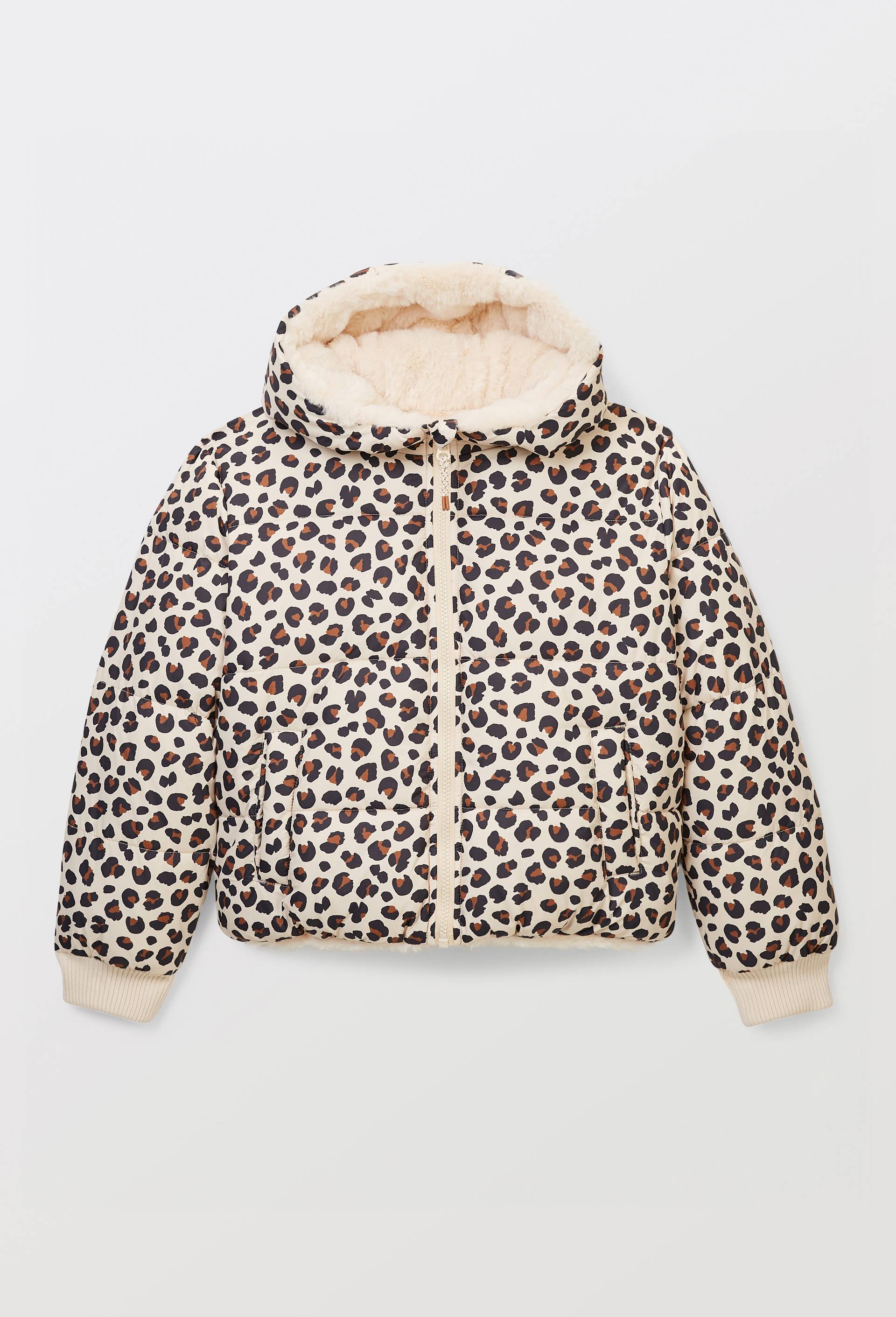 Doudoune &agrave; capuche r&eacute;versible imprim&eacute; leopard, Beige clair, large image number 0.0
