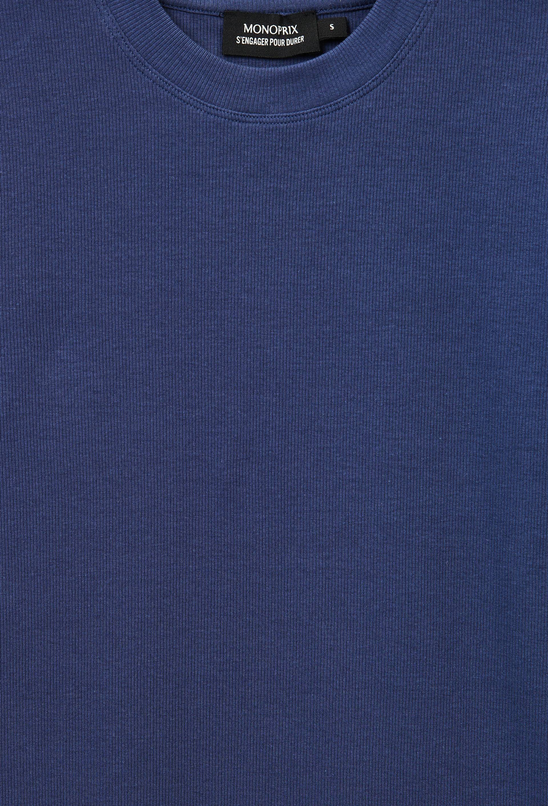 T-shirt manches longues col rond c&ocirc;tel&eacute; en coton BIO GOTS, Bleu, large image number 4