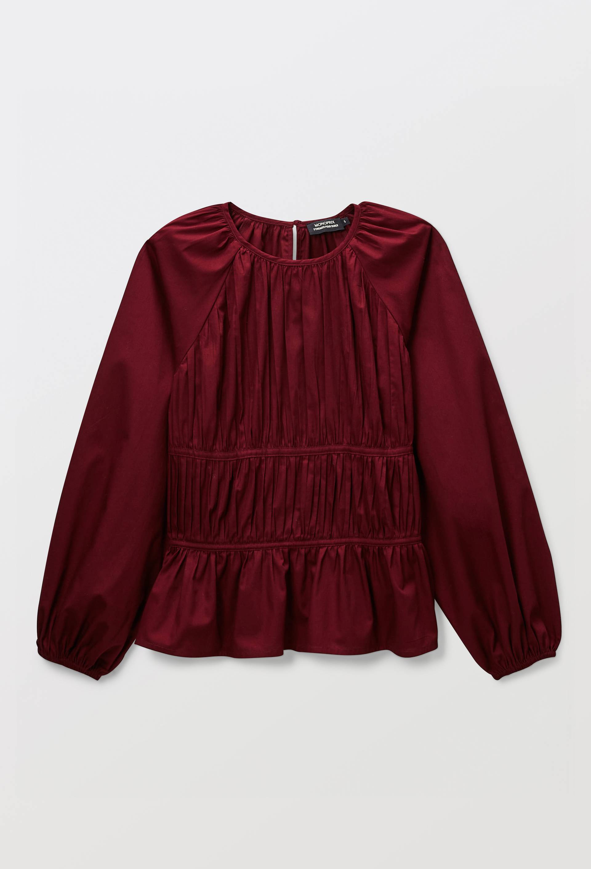 Blouse manches longues avec smocks uni en BIO GOTS, Rouge fonc&eacute;, large image number 2.0