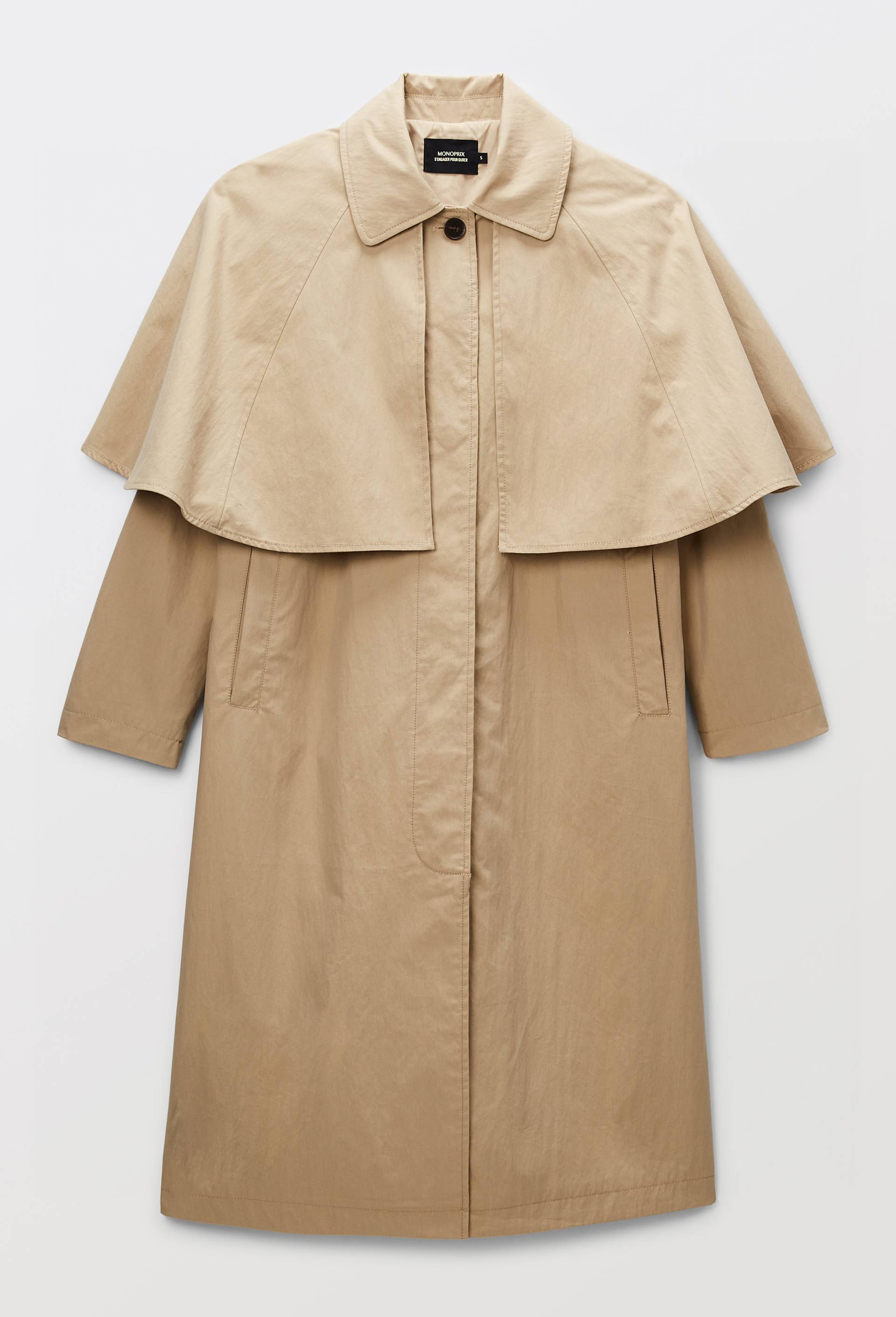 Trench long d&eacute;perlant avec col amovible contenant du coton, Beige, large image number 2.0