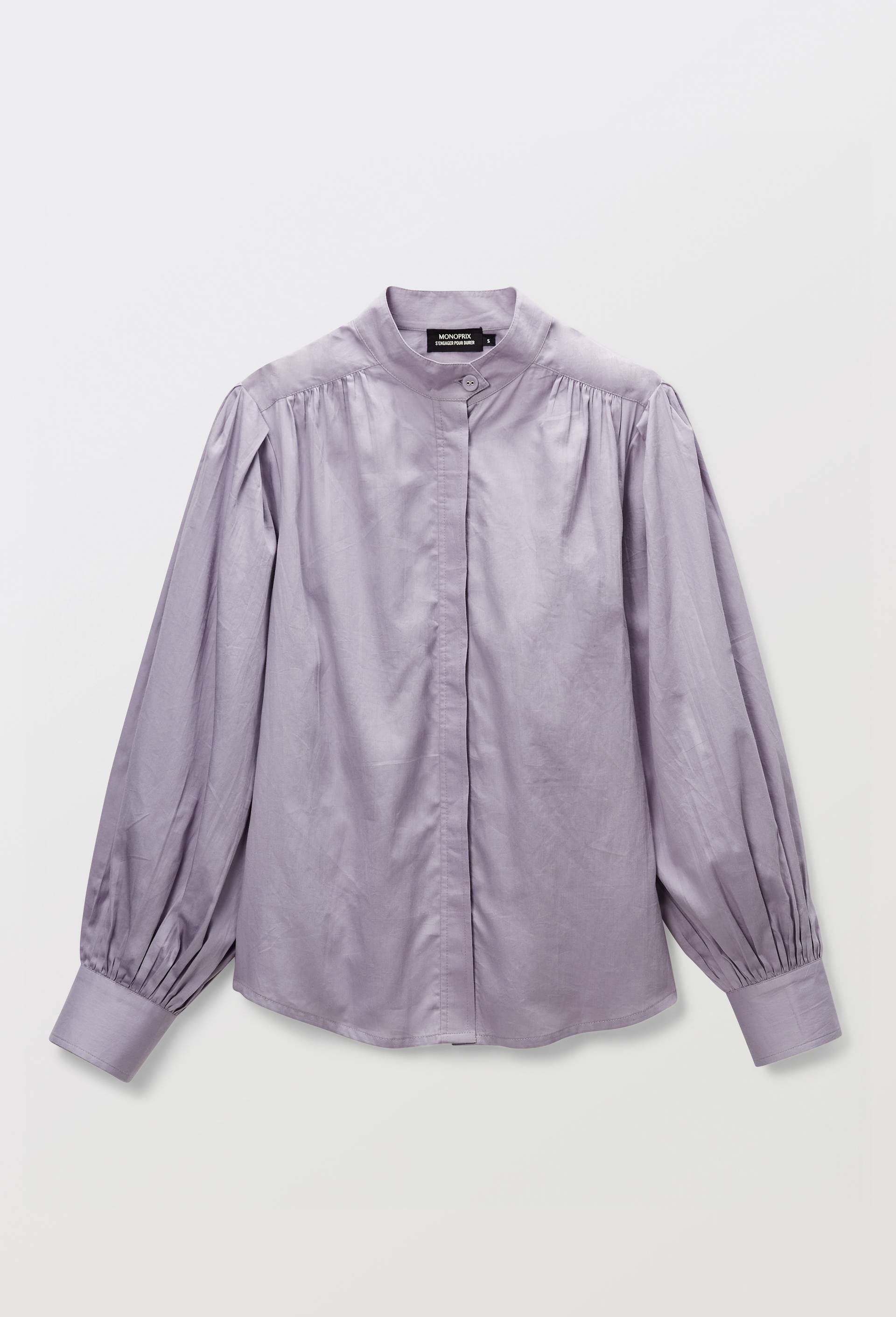 Chemise unie avec manches longues  bouffantes et col officier en BIO GOTS, Violet clair, large image number 2.0