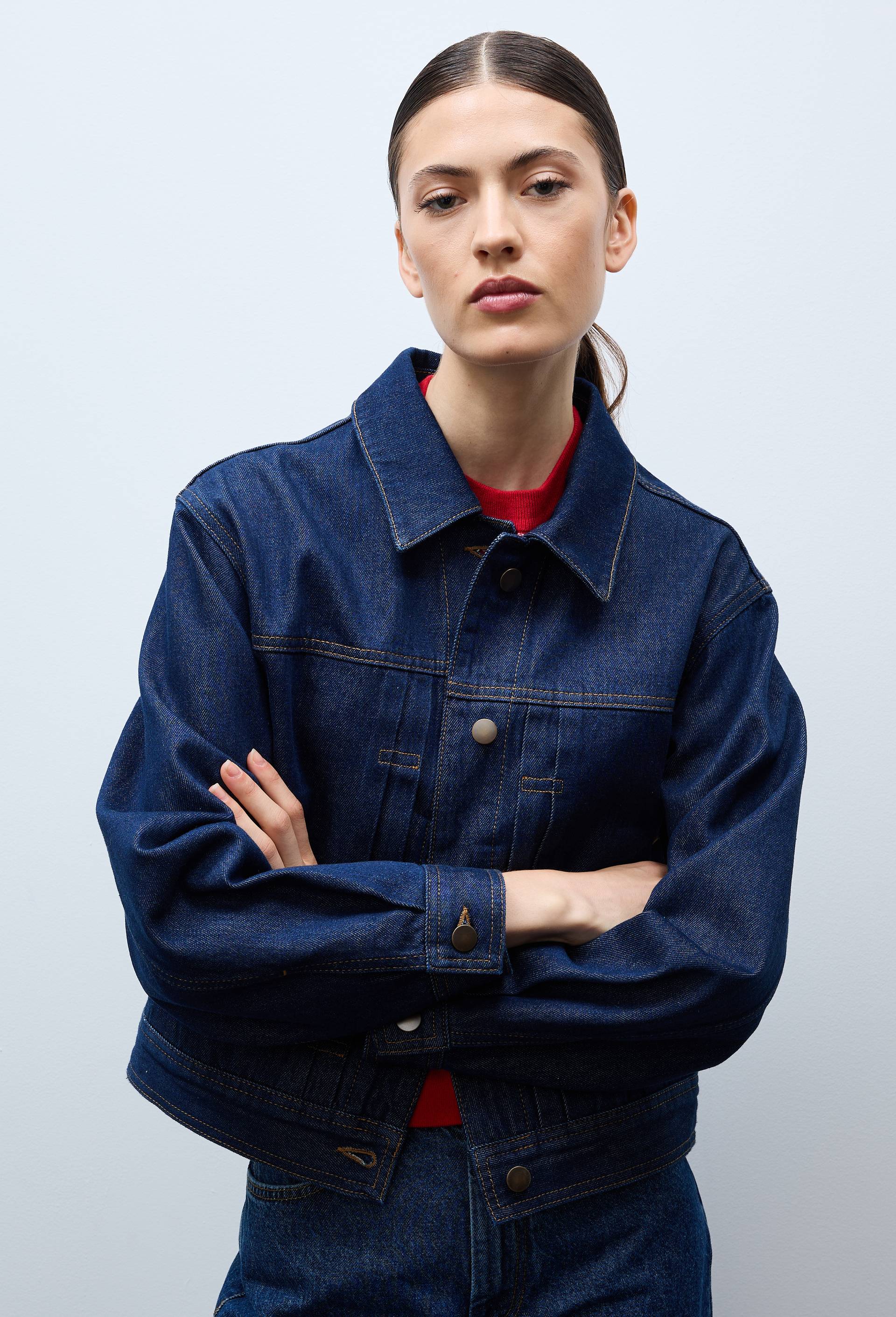 Blouson boutonn&eacute; en jean, Bleu fonc&eacute;, large image number 1.0