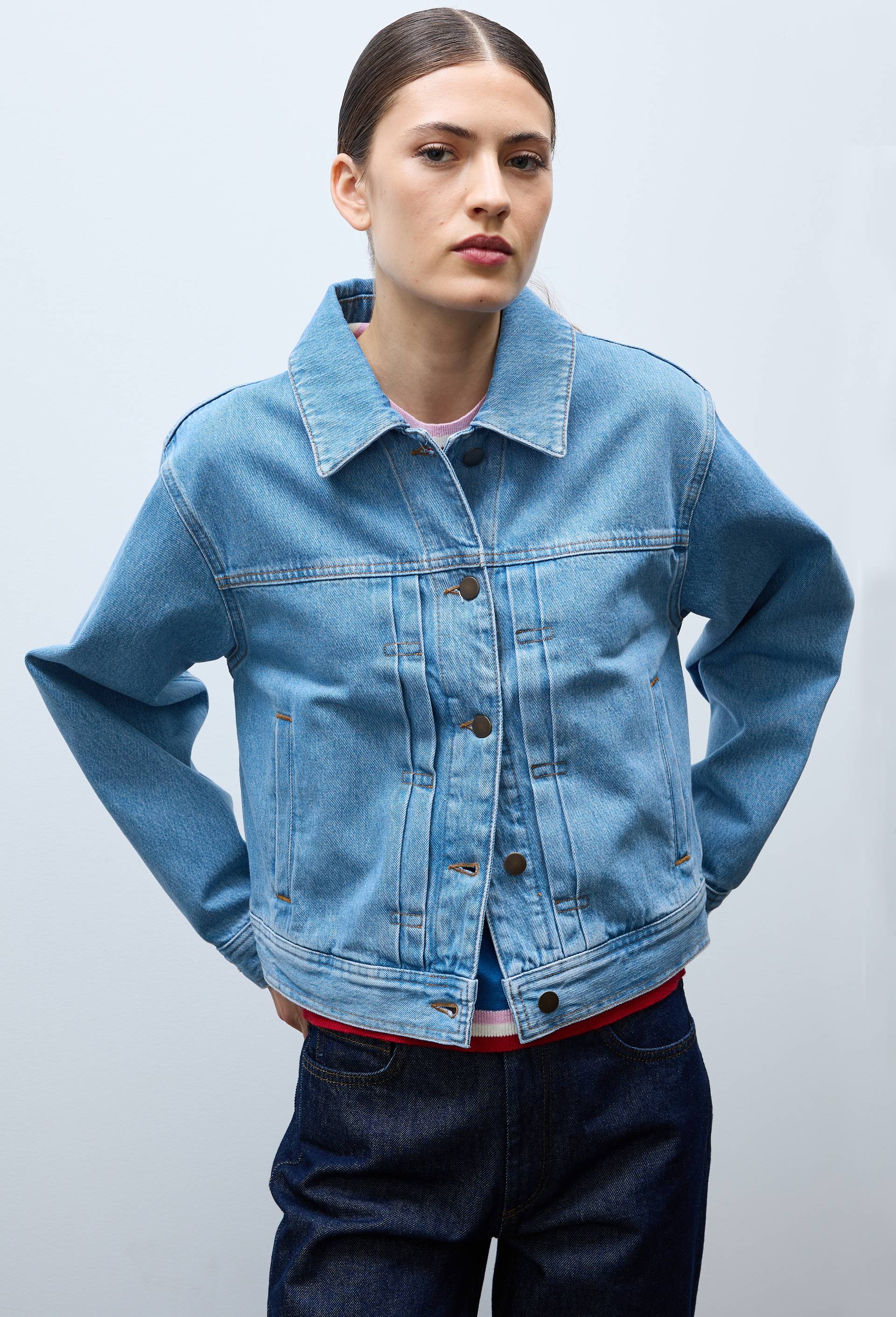Blouson boutonn&eacute; en jean, Bleu, swatch image