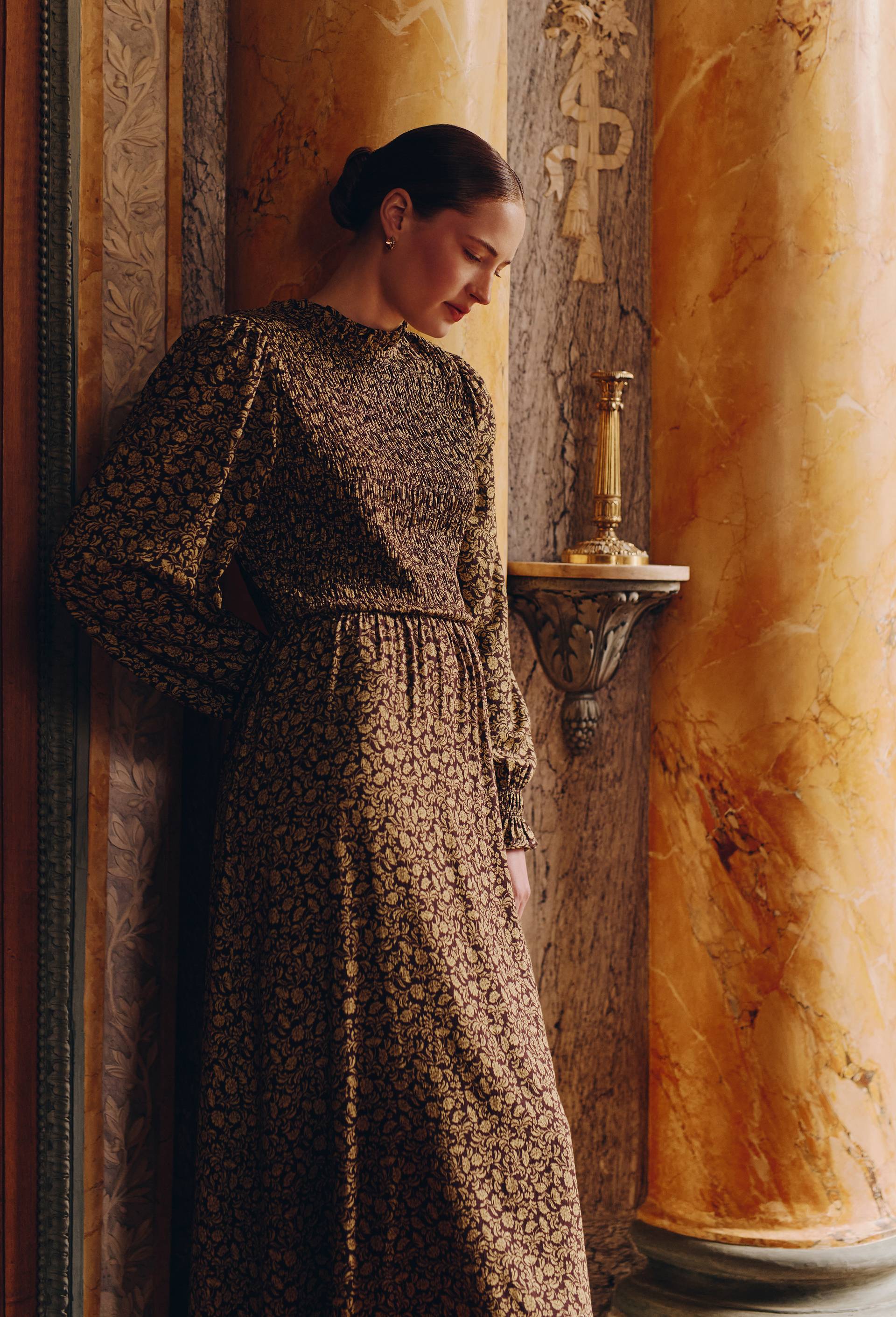 Robe manches longues imprim&eacute;e smock&eacute;e, Brun fonc&eacute;, large image number 0