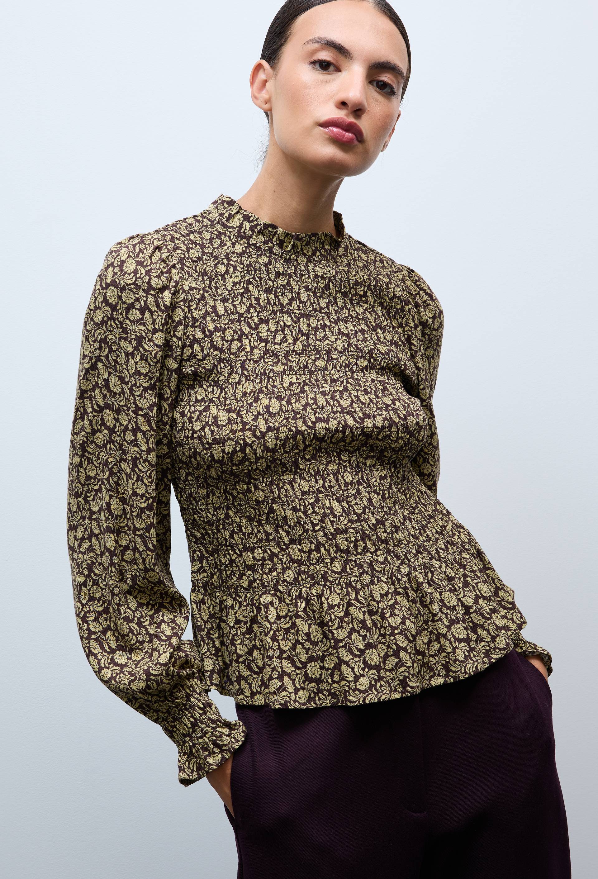 Top manches longues imprim&eacute;e avec smocks, Brun fonc&eacute;, large image number 0