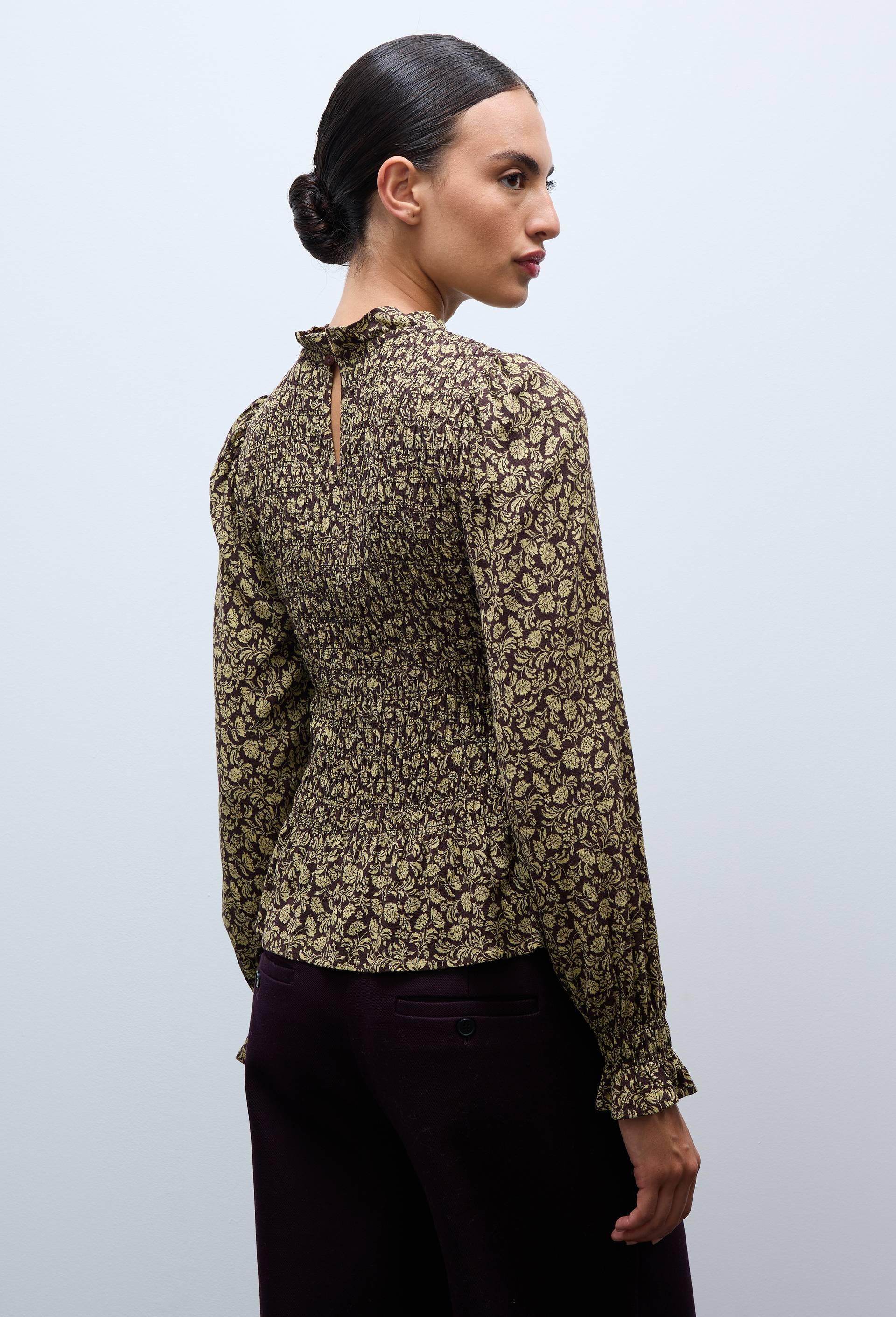 Top manches longues imprim&eacute;e avec smocks, Brun fonc&eacute;, large image number 1