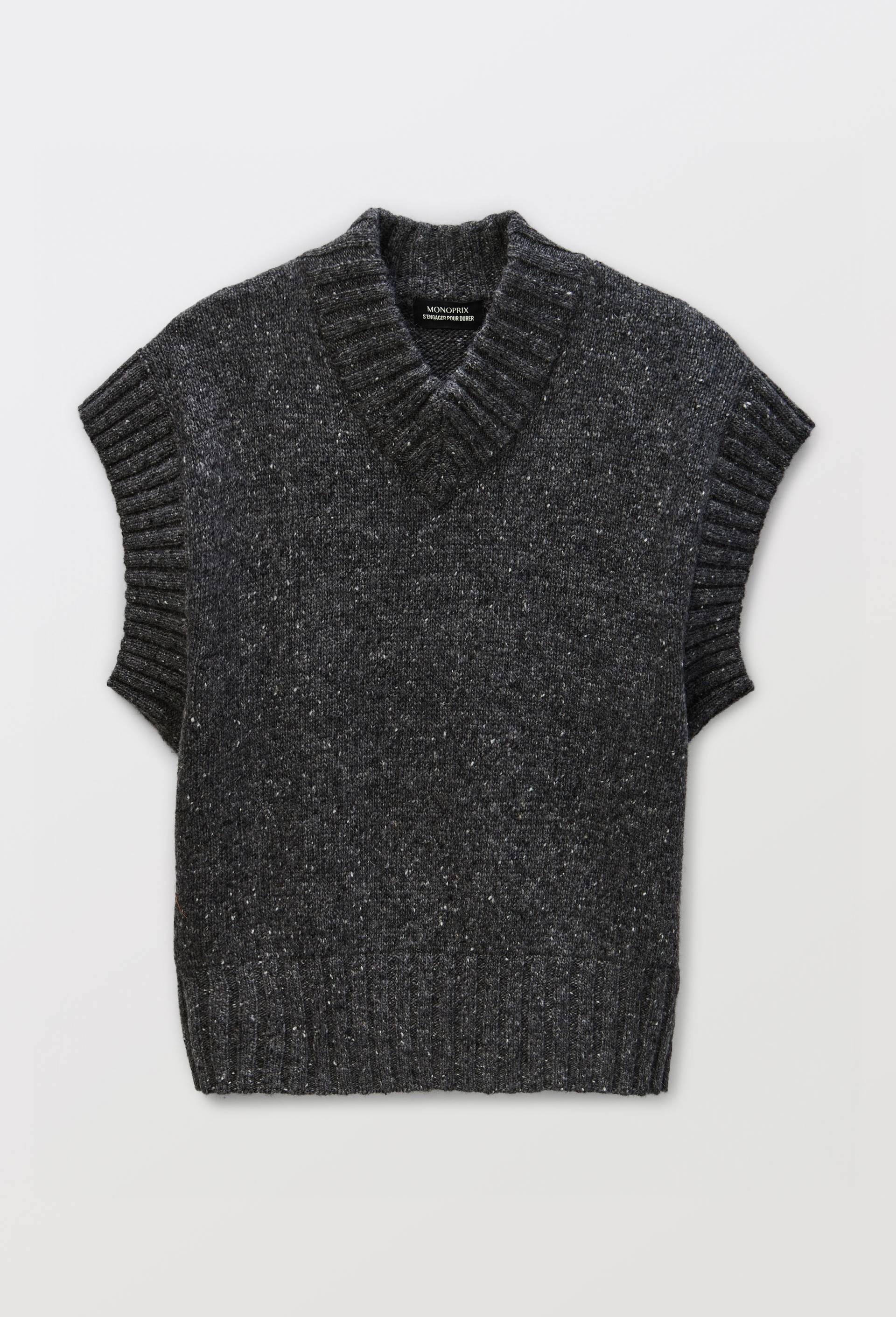 Pull sans manche col V contenant de la laine merinos, Gris fonc&eacute;, large image number 3