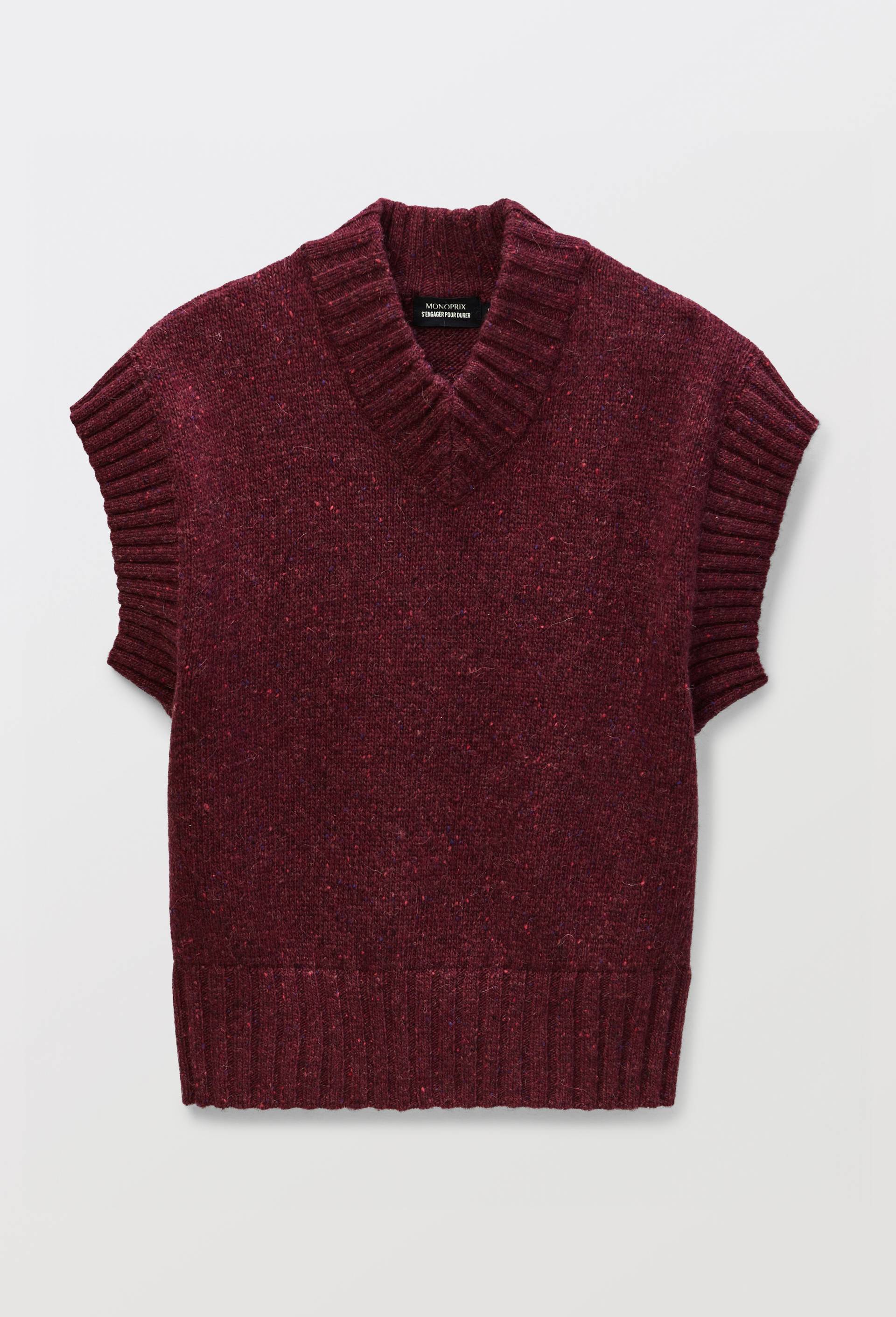 Pull sans manche col V contenant de la laine merinos, Rouge fonc&eacute;, large image number 2.0