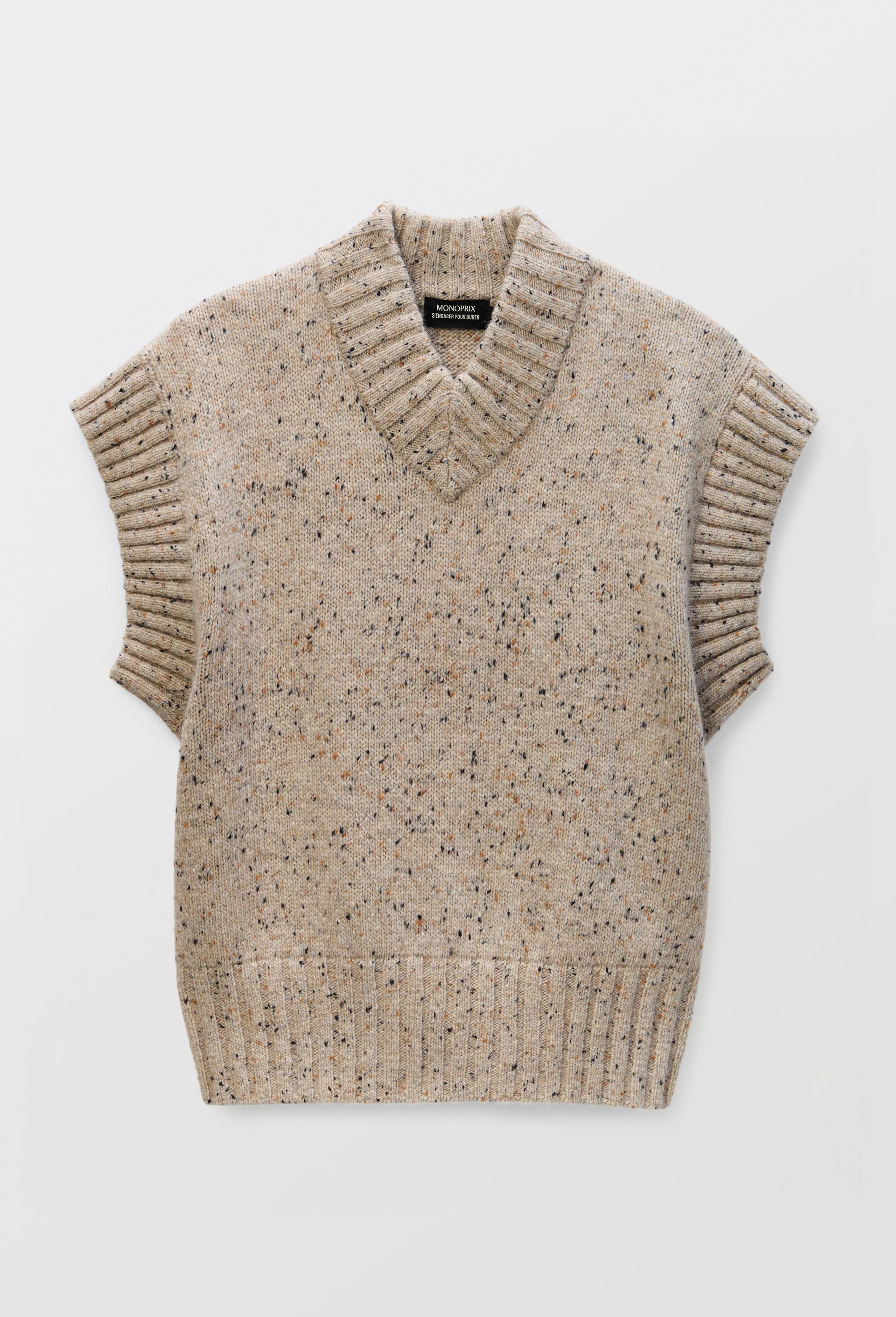 Pull sans manche col V contenant de la laine merinos, Beige, large image number 2.0