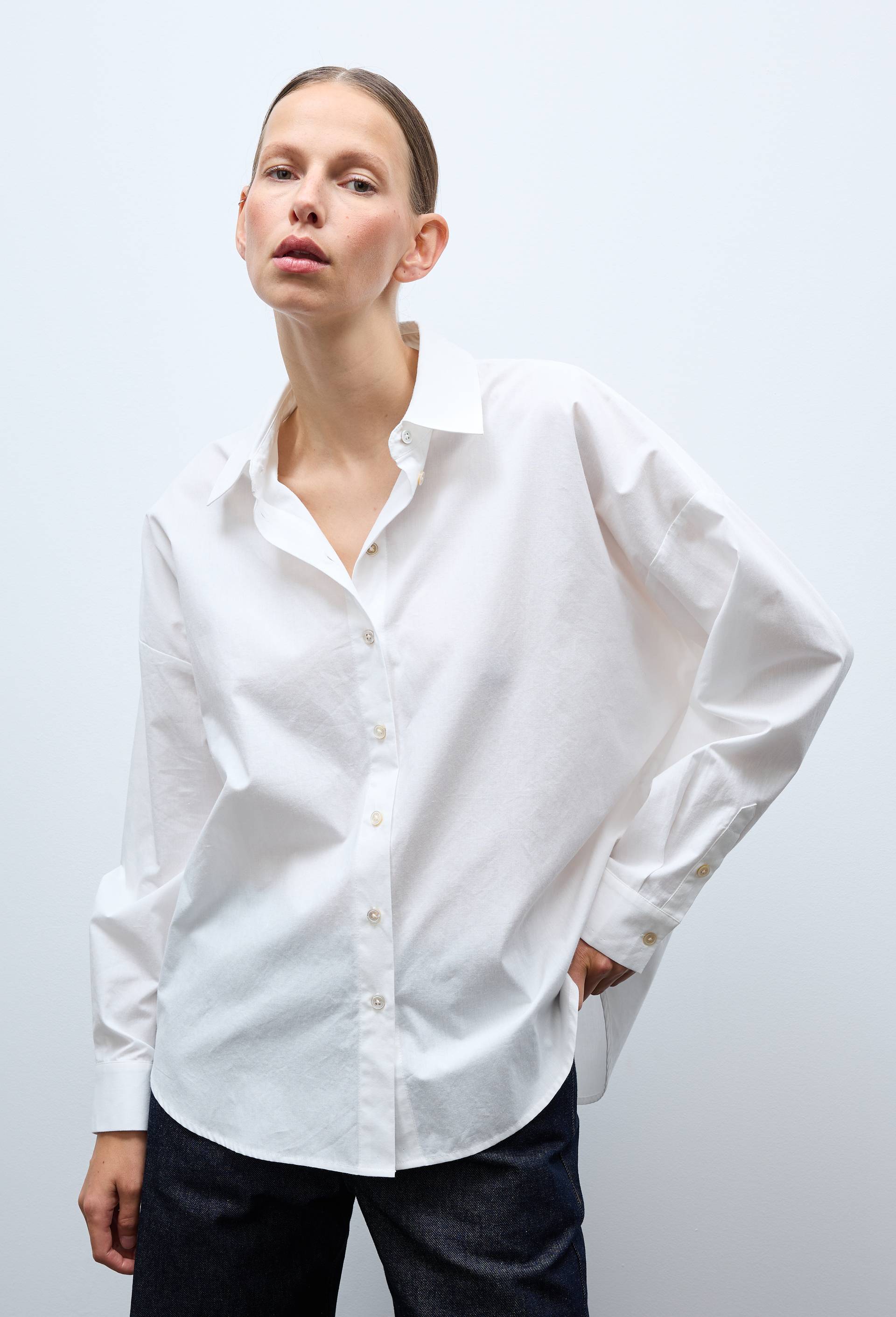 Chemise unie manches longues en coton BIO GOTS, Blanc, large image number 0.0