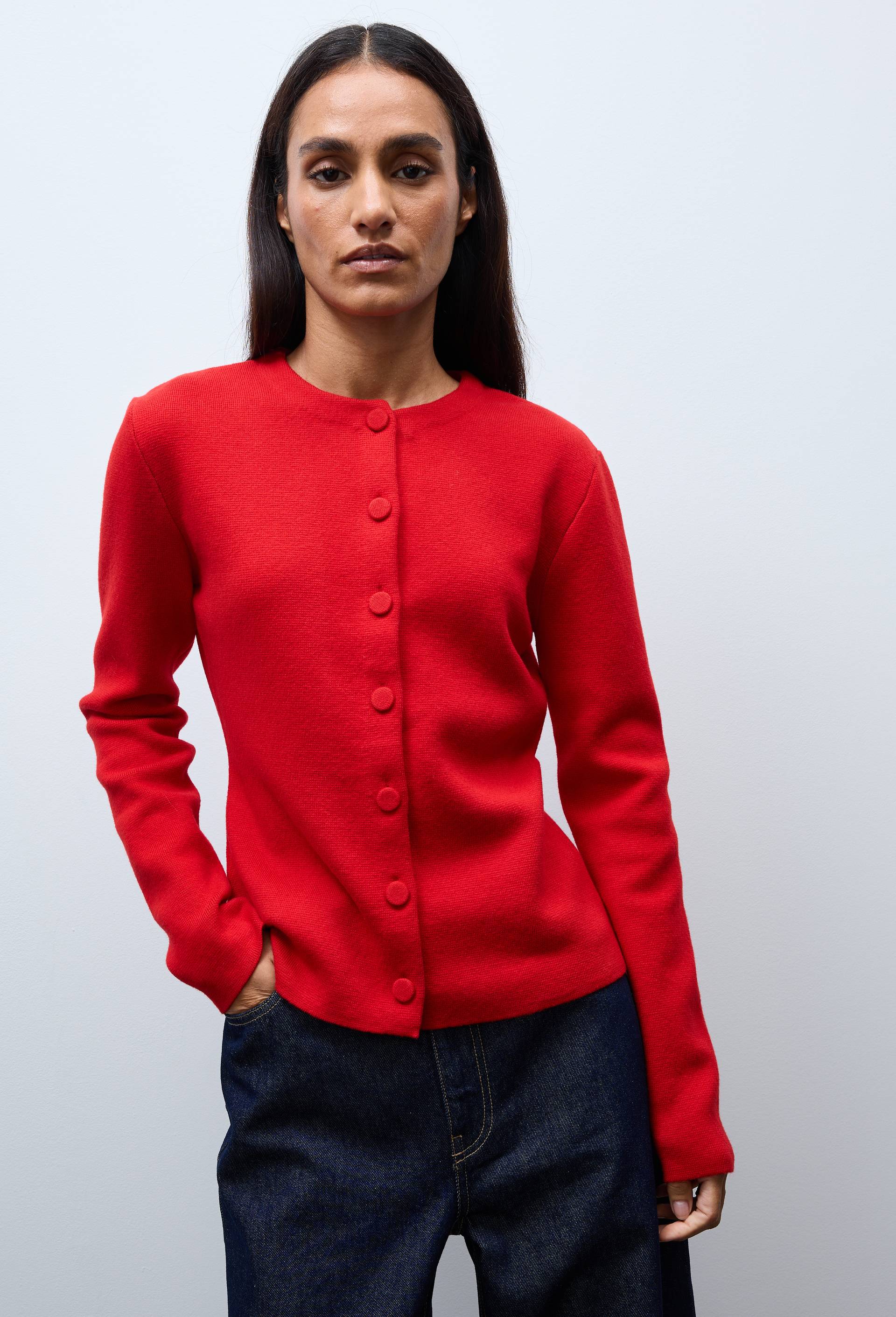 Veste maille unie en laine et coton, Rouge, large image number 0.0