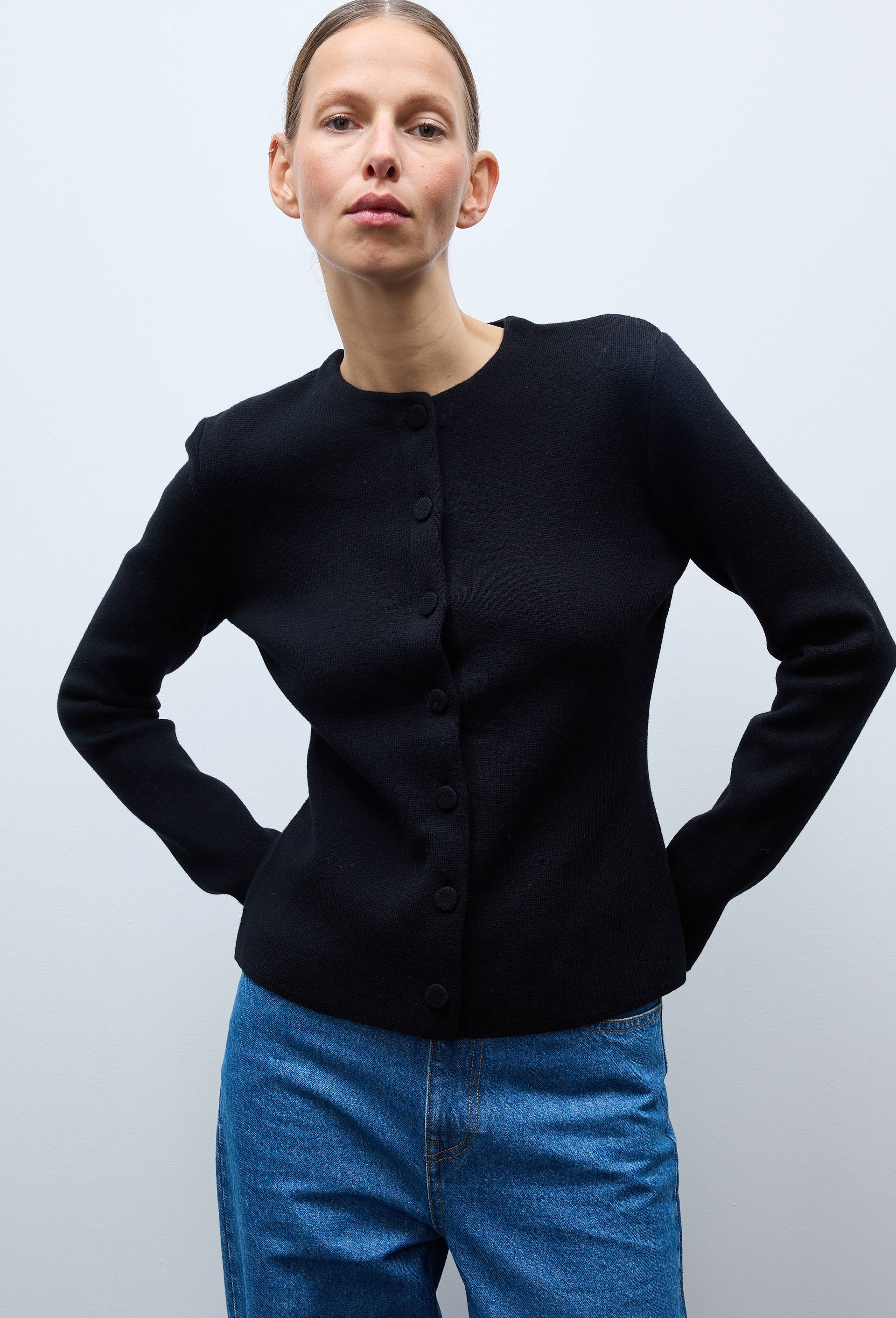 Veste maille unie en laine et coton, Noir, large image number 0