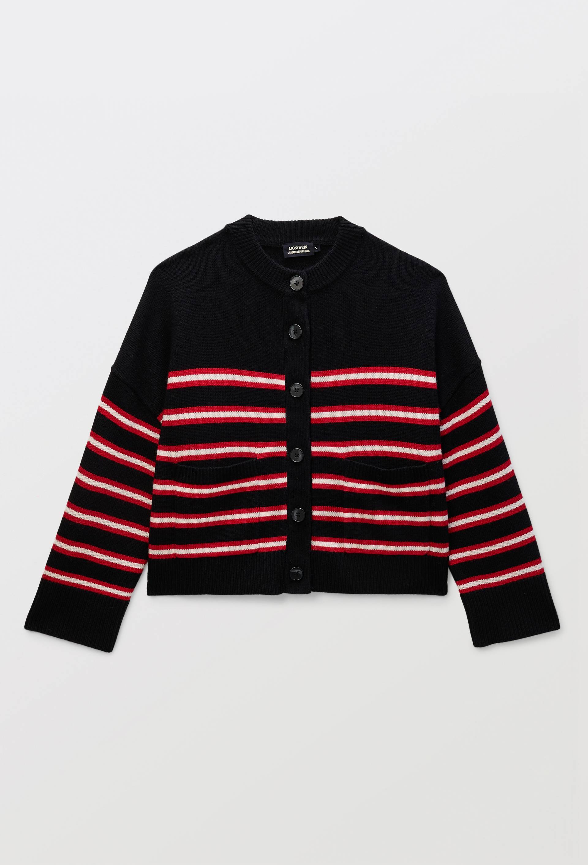 Cardigan ample ray&eacute; contenant de la laine, Noir, large image number 2.0