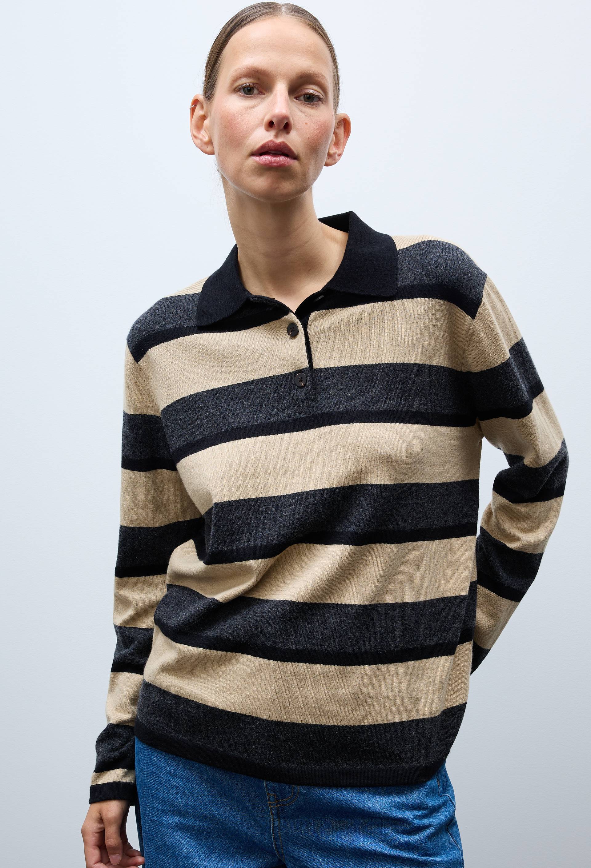 Pull polo ray&eacute; contenant de la laine, Beige, large image number 0.0