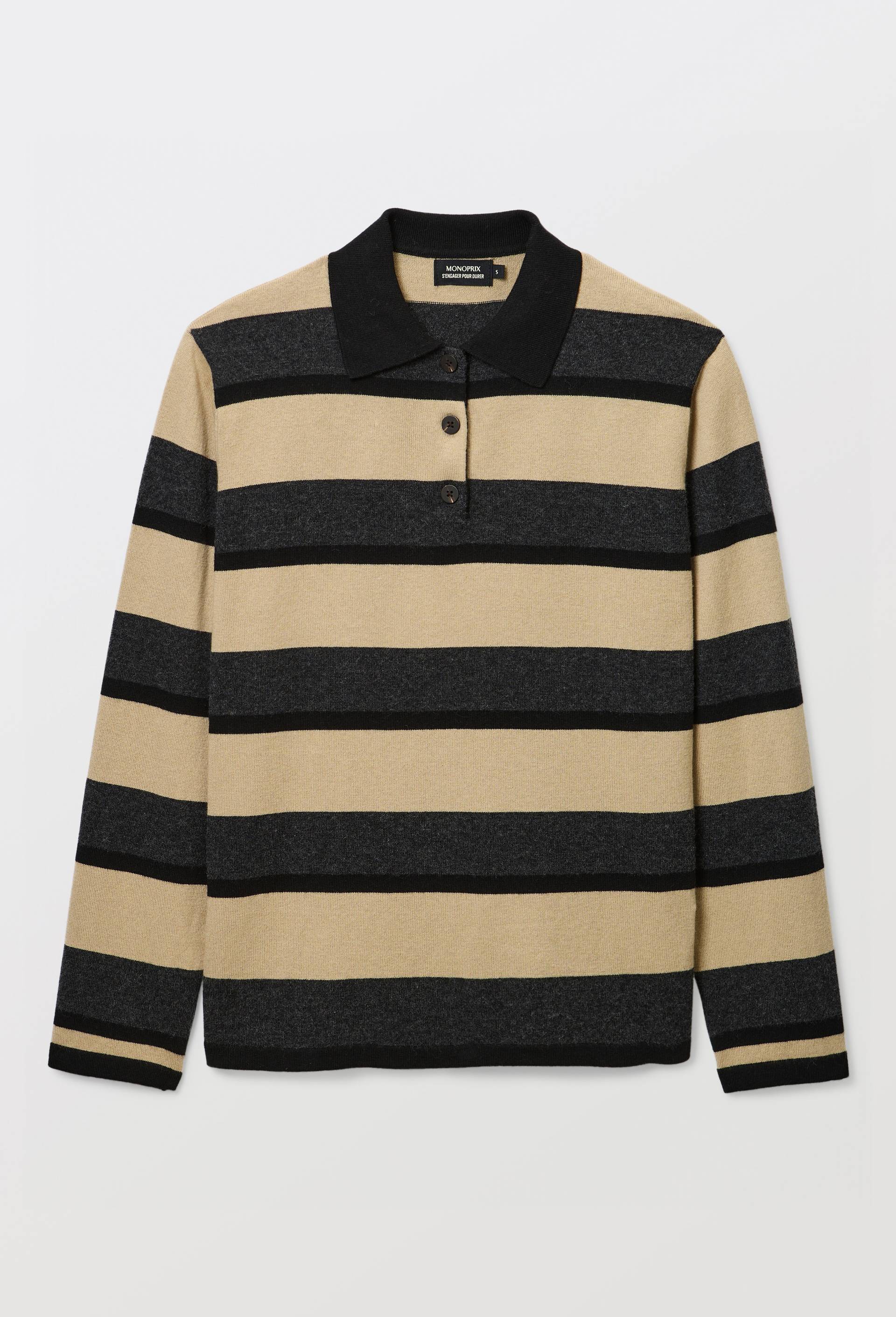 Pull polo ray&eacute; contenant de la laine, Beige, large image number 2