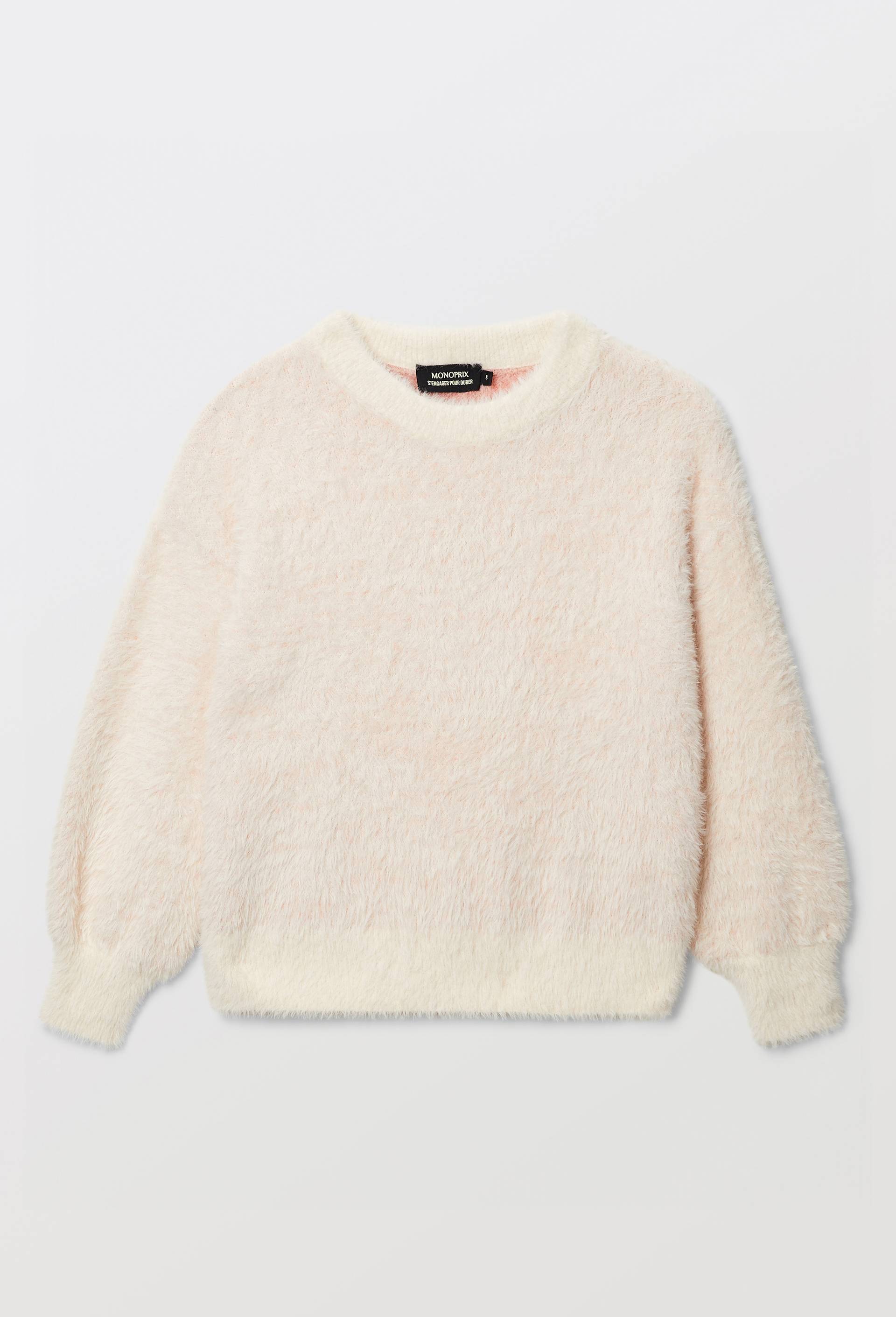 Pull en maille duveteuse motifs coeurs, Beige clair, large image number 1