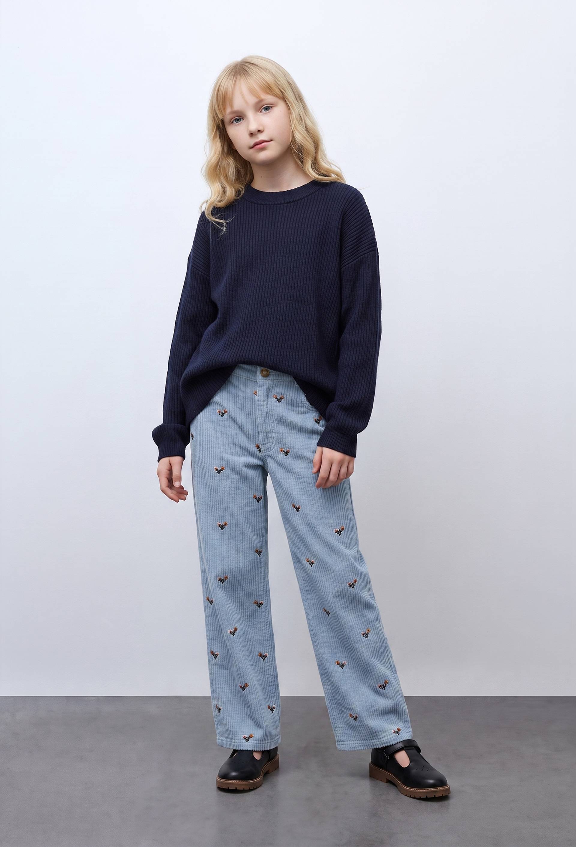 Pantalon en velours c&ocirc;tel&eacute; brod&eacute;, Bleu, swatch image