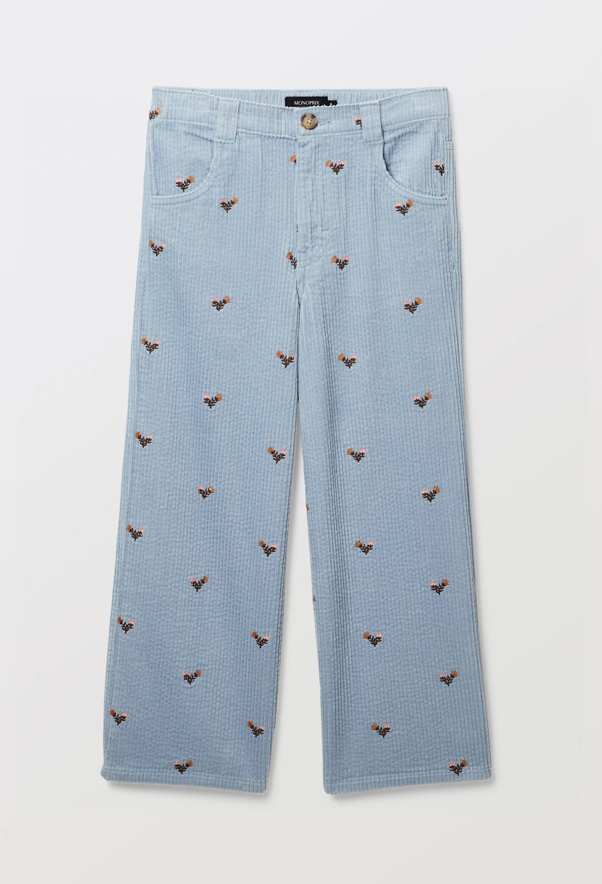 Pantalon en velours c&ocirc;tel&eacute; brod&eacute;, Bleu, large image number 1.0