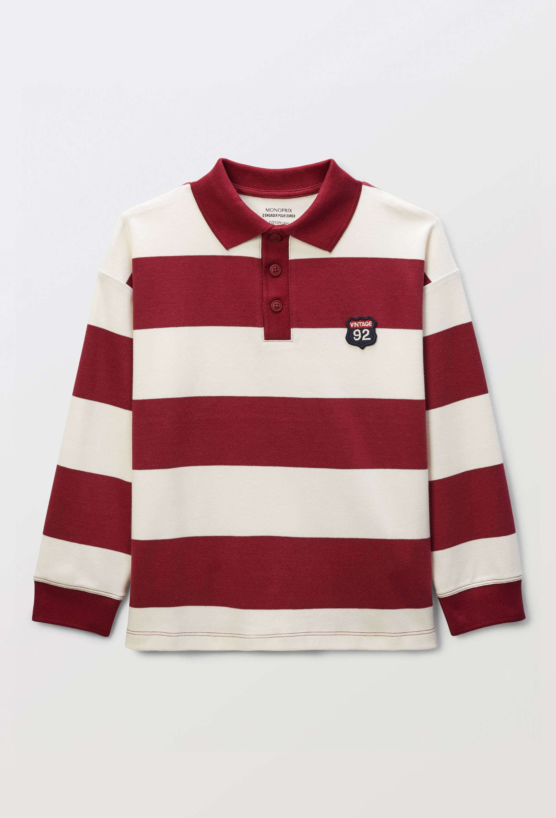 Polo manches longues ray&eacute; contenant du coton BIO GOTS, Rouge fonc&eacute;, large image number 0.0