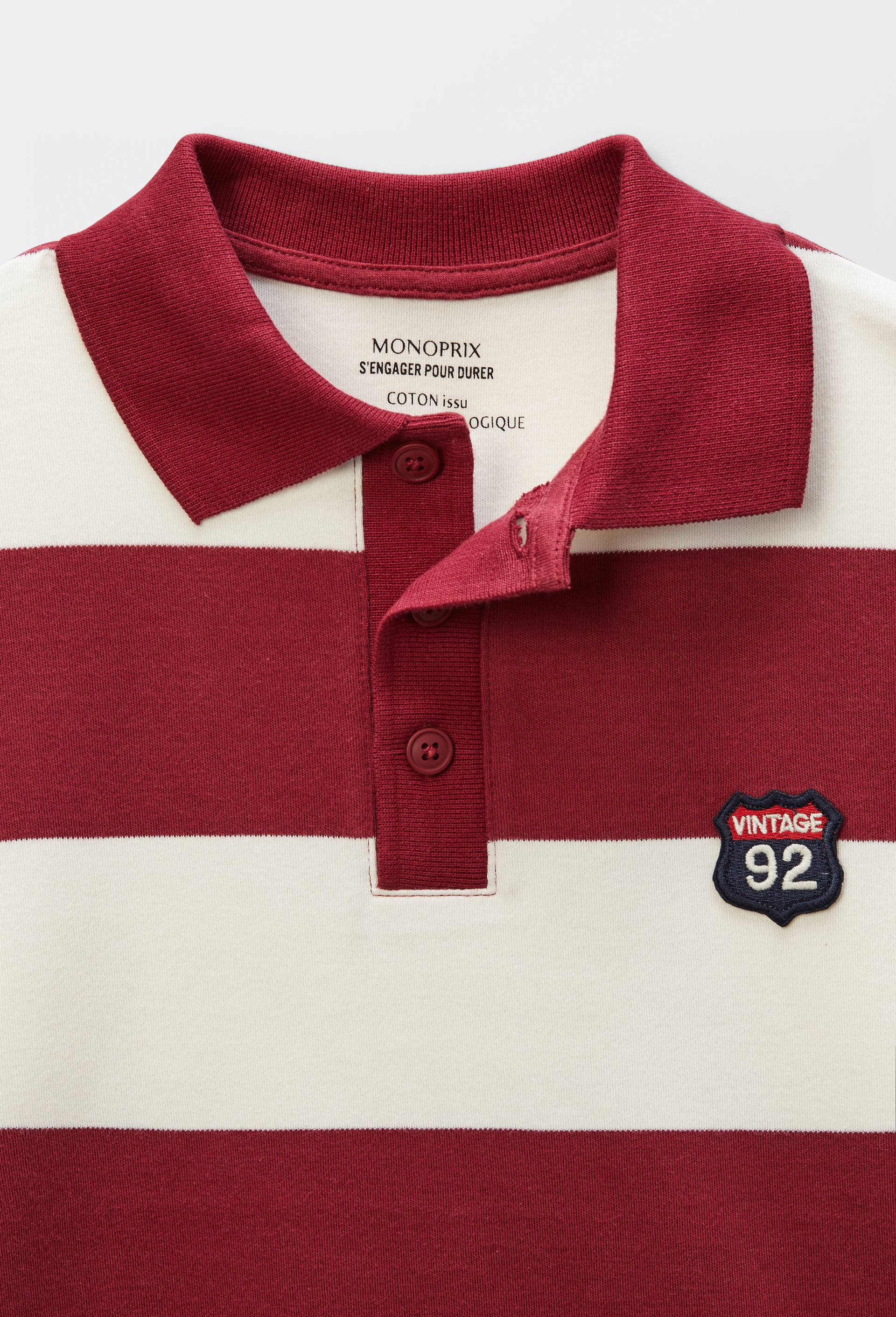 Polo manches longues ray&eacute; contenant du coton BIO GOTS, Rouge fonc&eacute;, large image number 2