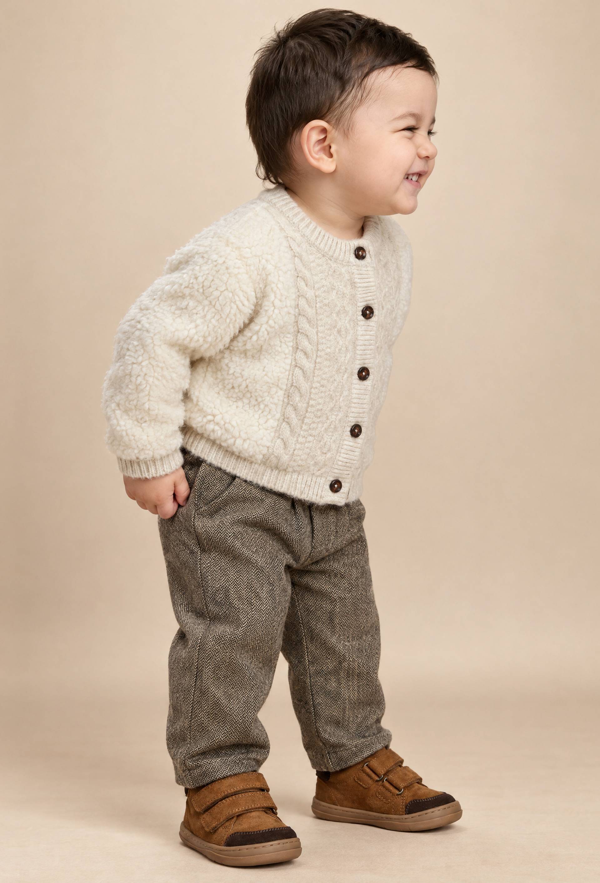 Cardigan bi-mati&egrave;re en sherpa et tricot uni, Beige clair, large image number 0