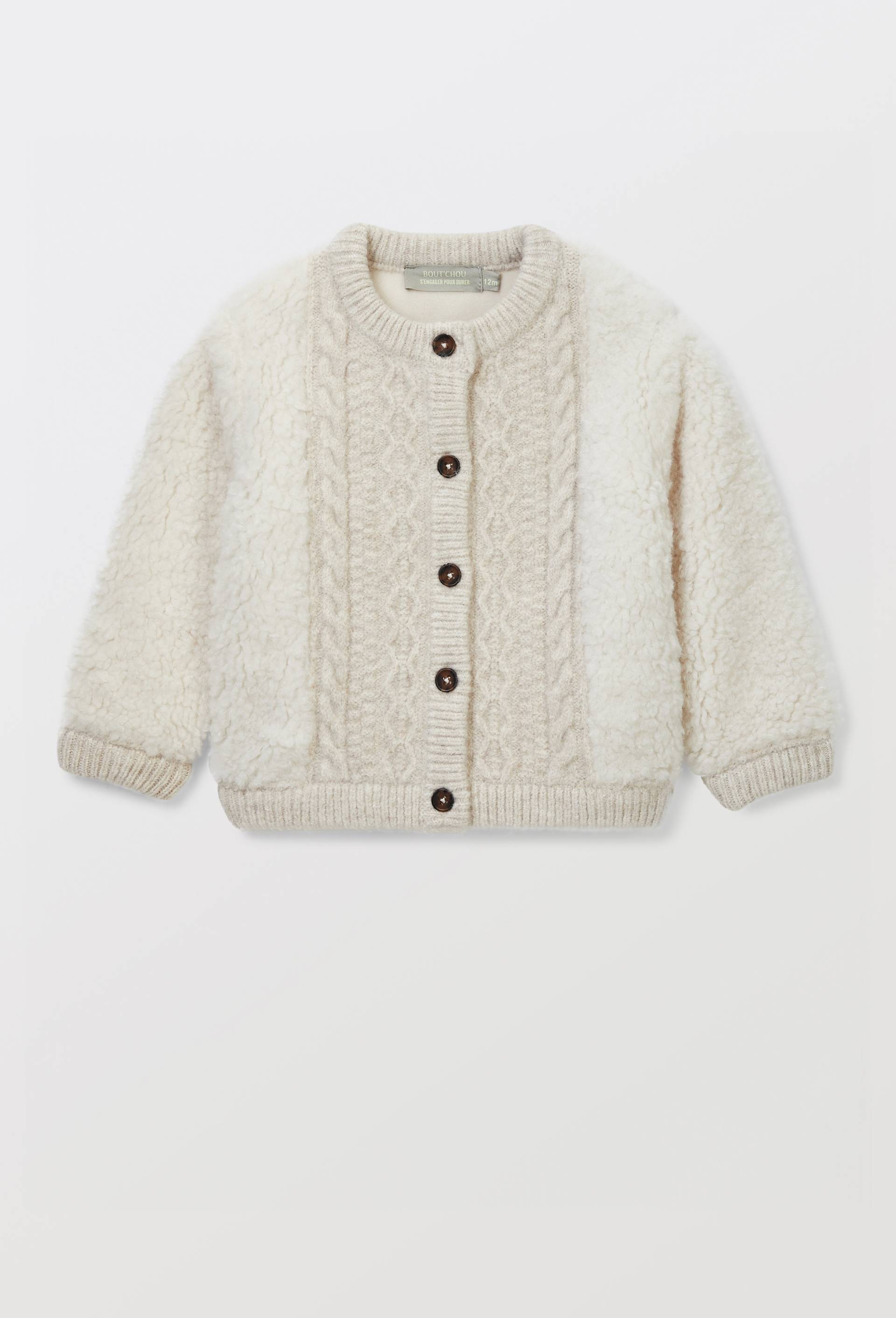 Cardigan bi-mati&egrave;re en sherpa et tricot uni, Beige clair, large image number 1