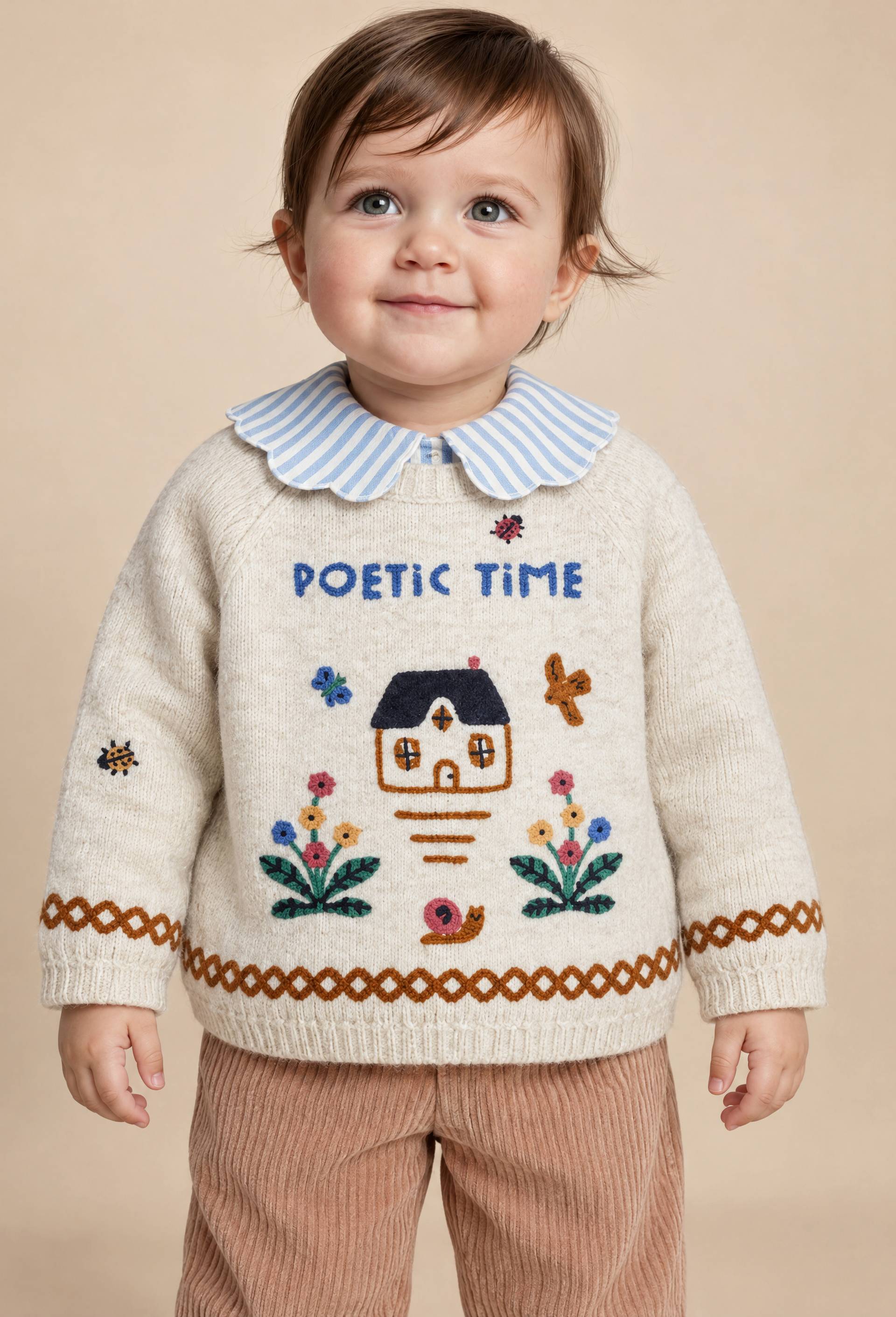 Pull intarsia brod&eacute;, Beige clair, large image number 0.0