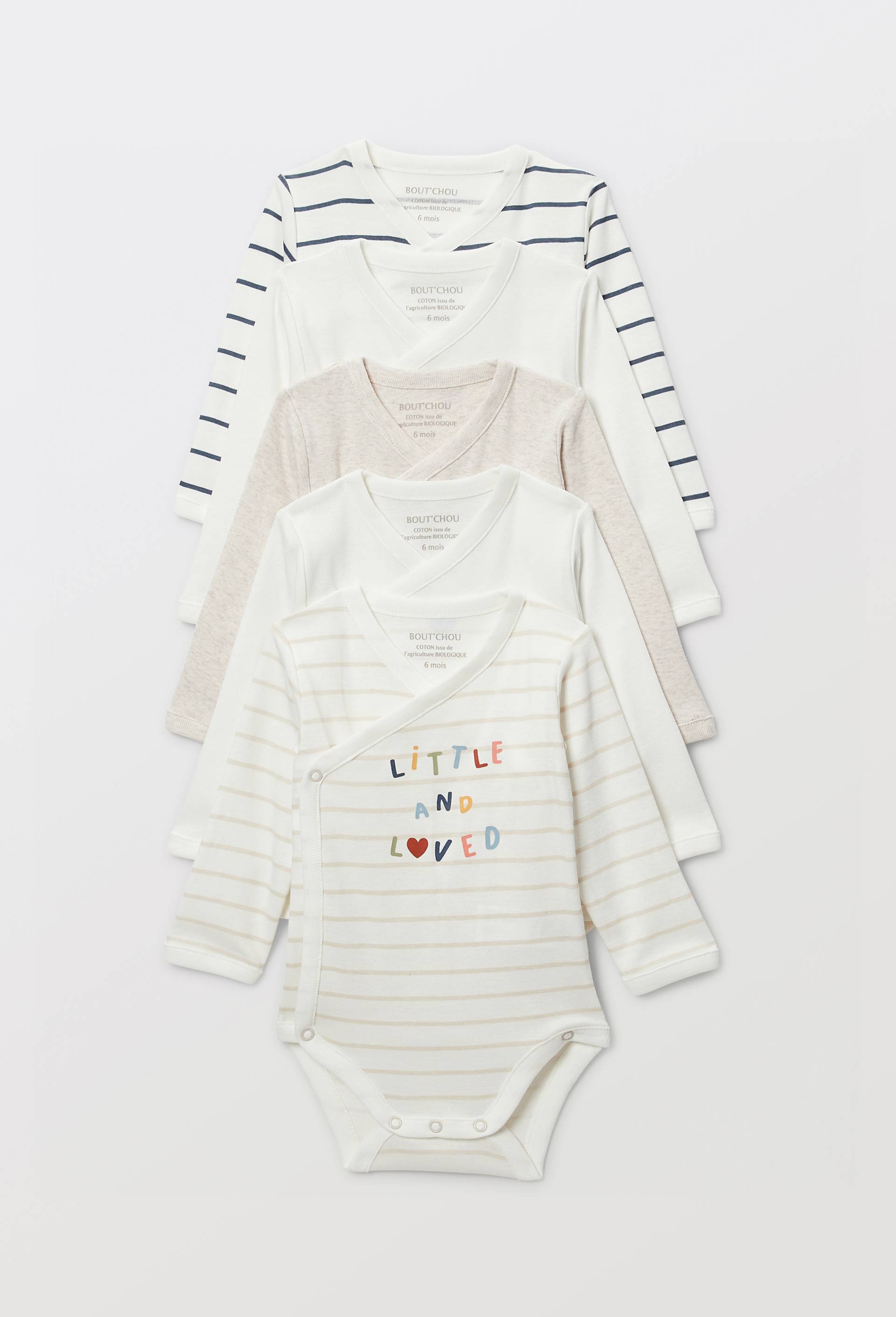 Lot de 5 bodies manches longues imprim&eacute; en coton BIO GOTS, Ecru, large image number 0.0