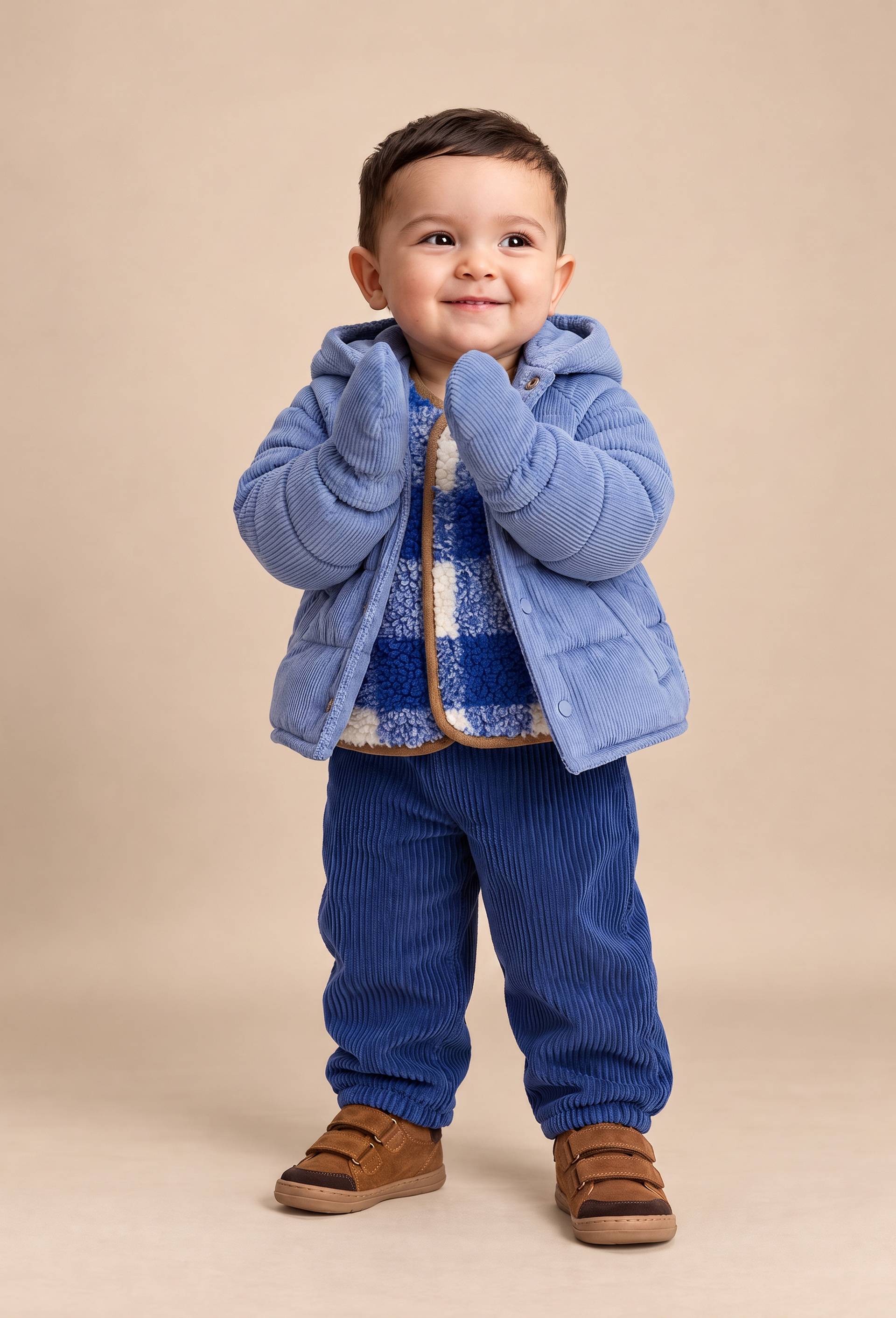 Blouson avec gants &agrave; capuche amovible en velours uni doubl&eacute; polaire, Bleu, large image number 0