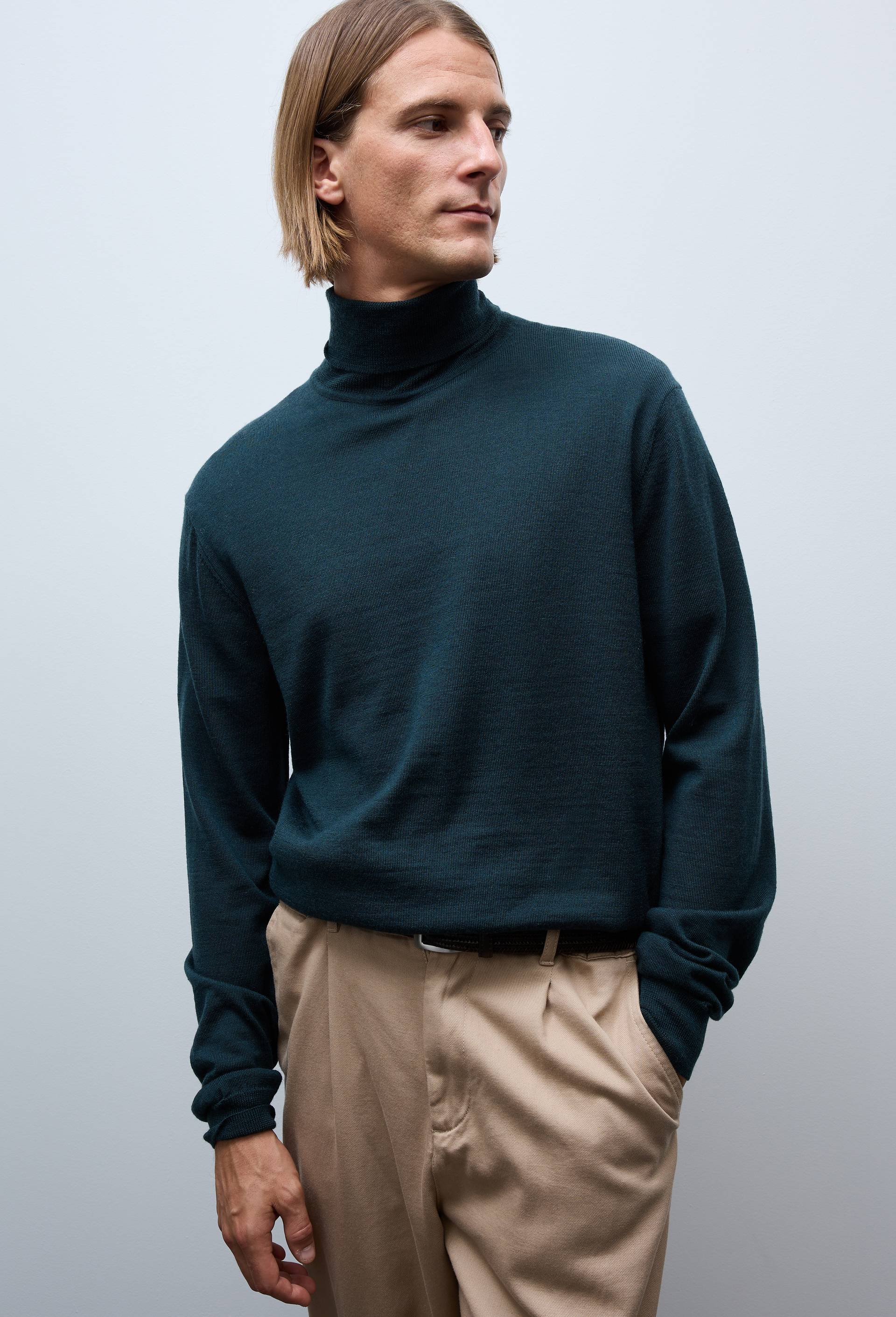 Pull col roul&eacute; en laine m&eacute;rinos, Vert fonc&eacute;, swatch image